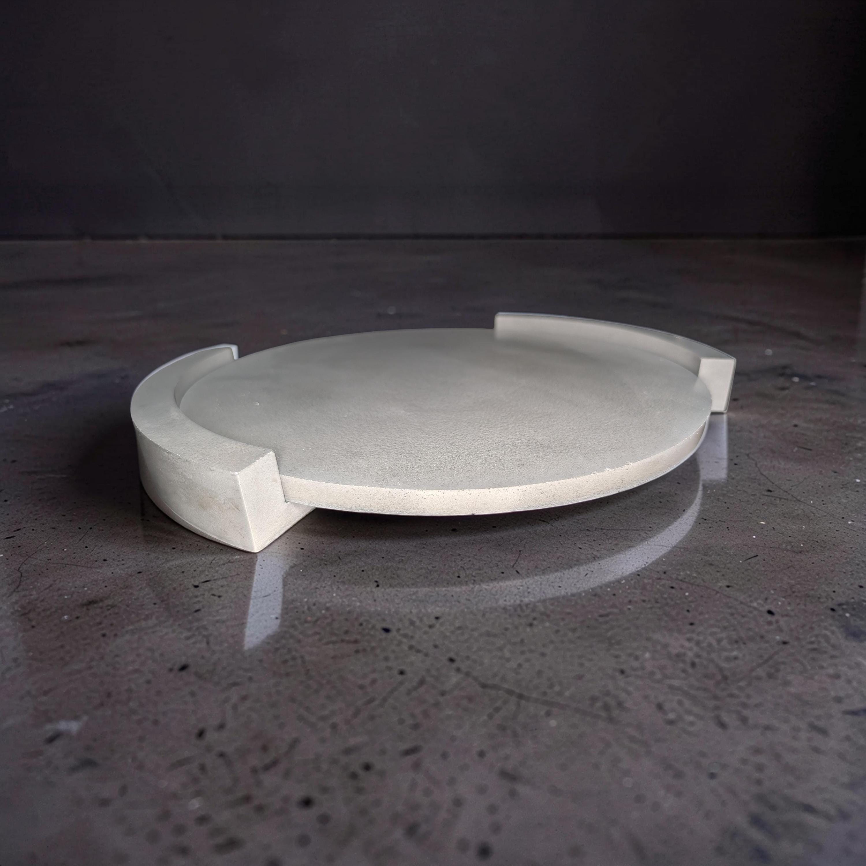 Large Round Concrete Tray with Removable Legs, Modular Grey Decorative Plate, Minimalist Riser Jewelry Dish, Modern Industrial Shelf Accent