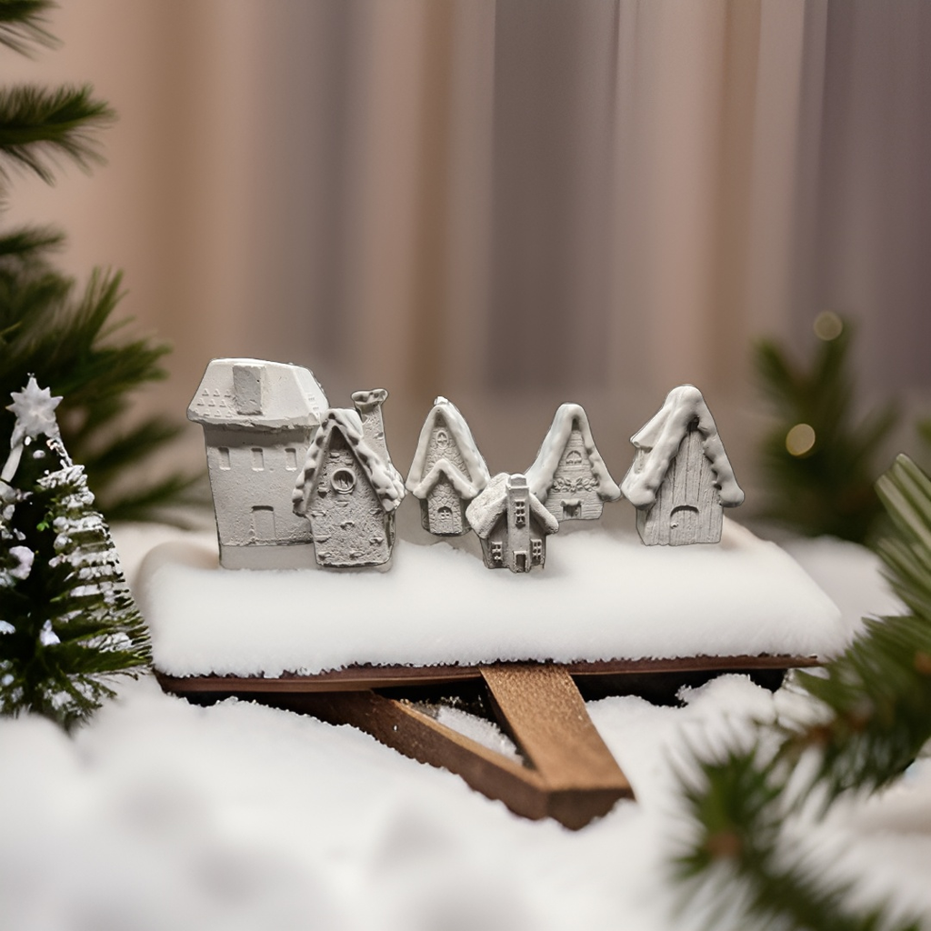 Mini Concrete Christmas Village, Set of 6 Miniature Houses, Natural Concrete Paintable DIY Kit, Silver Village Decor, Mantel Holiday Display