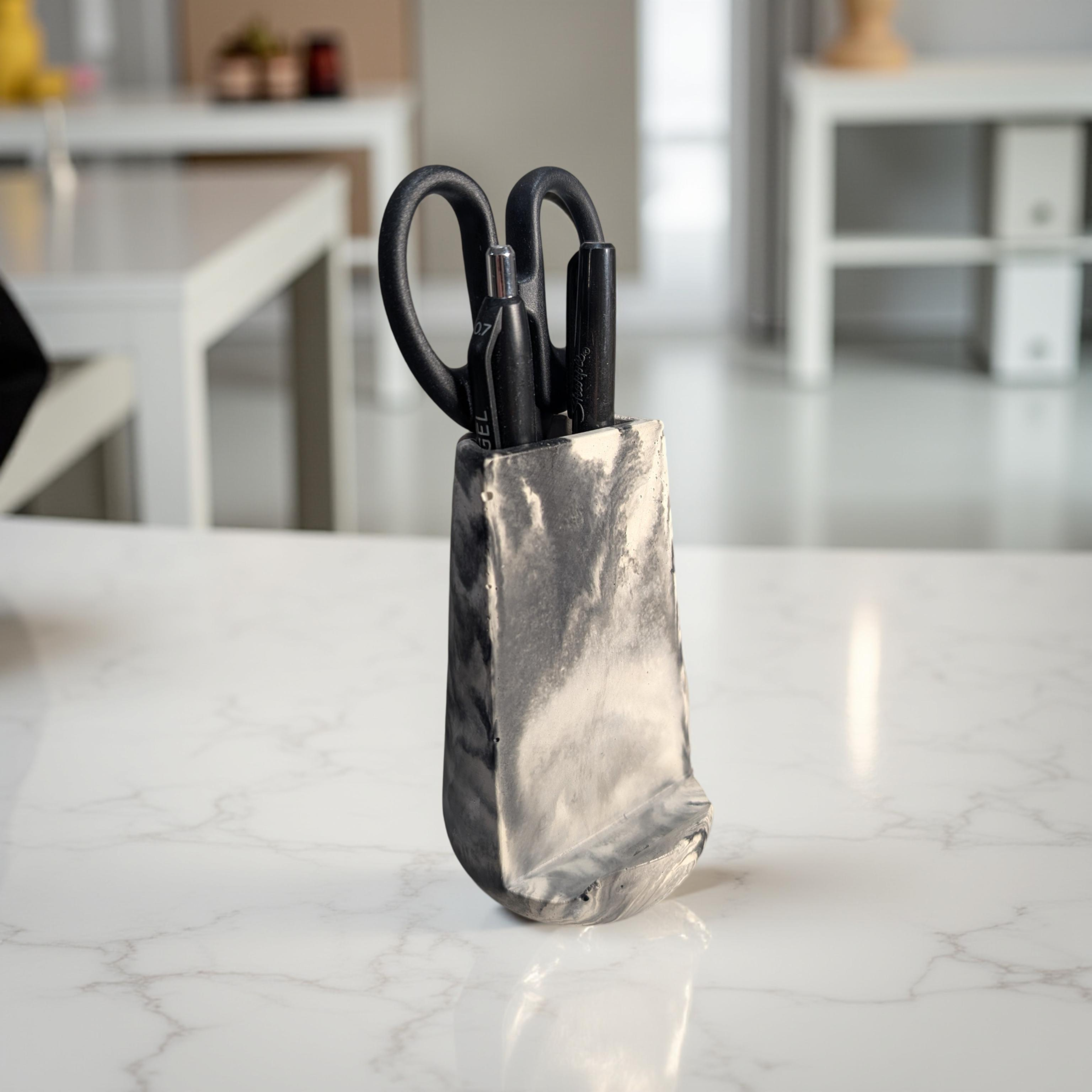 Modern Concrete Phone Stand & Desk Organizer – Pen & Scissor Holder (Marble & Gray)