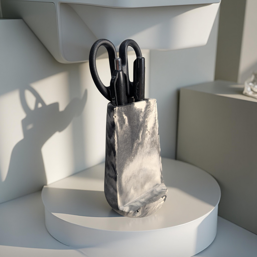 Modern Concrete Phone Stand & Desk Organizer – Pen & Scissor Holder (Marble & Gray)