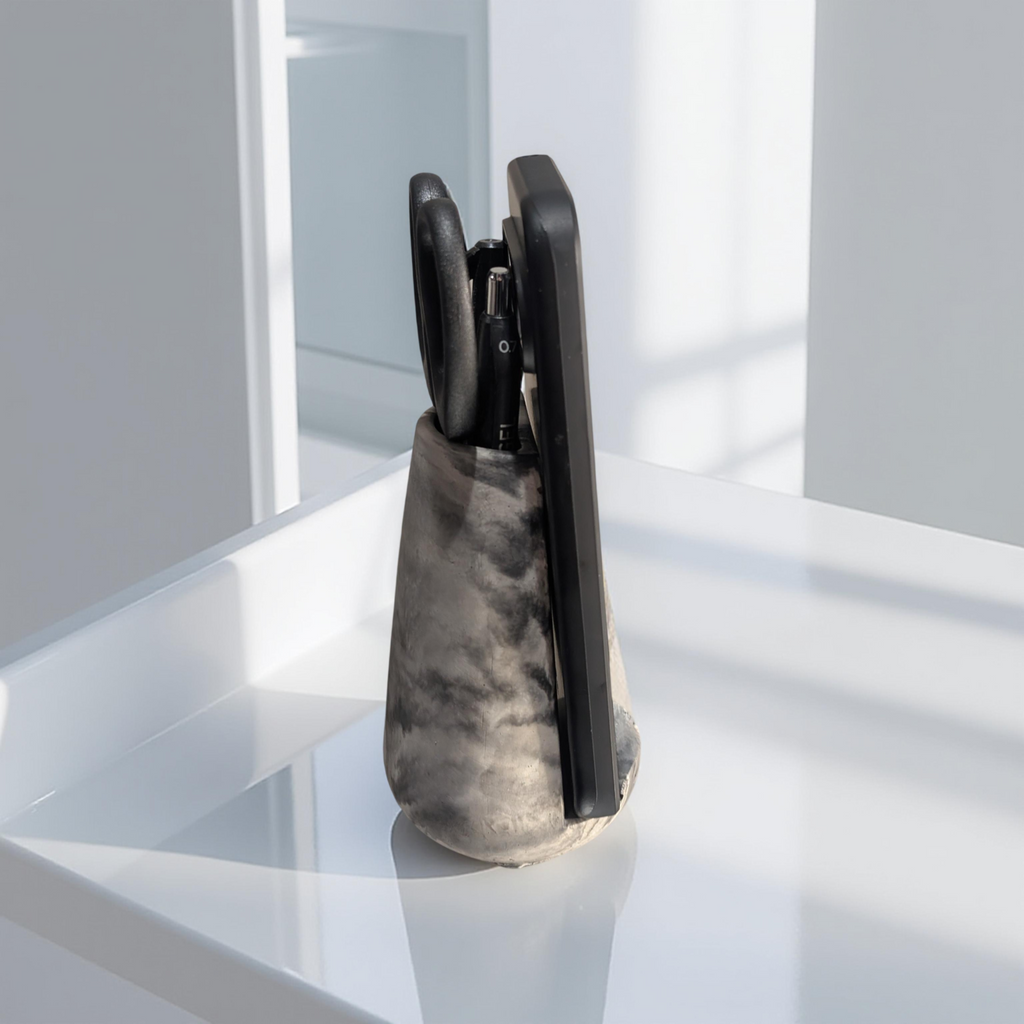Modern Concrete Phone Stand & Desk Organizer – Pen & Scissor Holder (Marble & Gray)