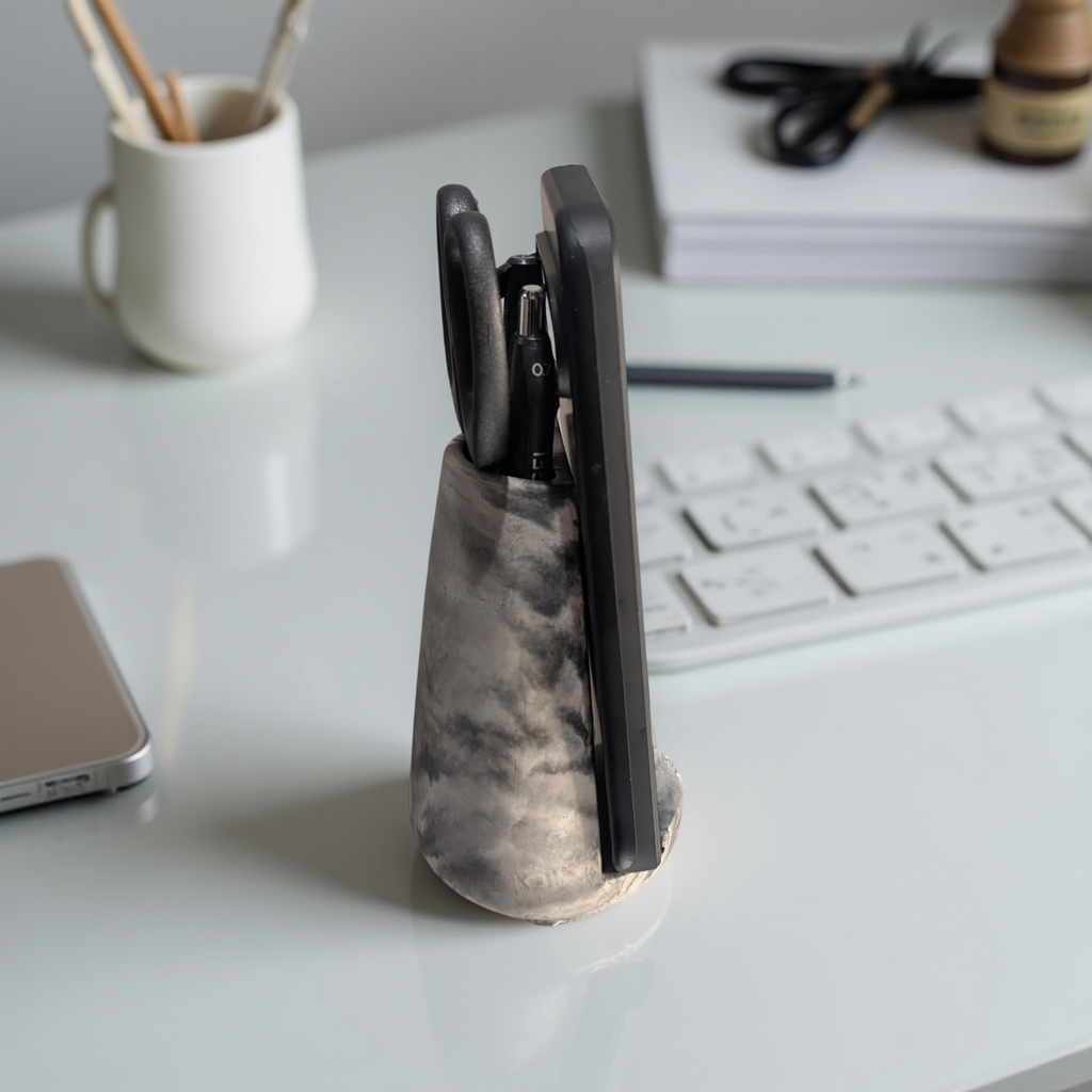 Modern Concrete Phone Stand & Desk Organizer – Pen & Scissor Holder (Marble & Gray)