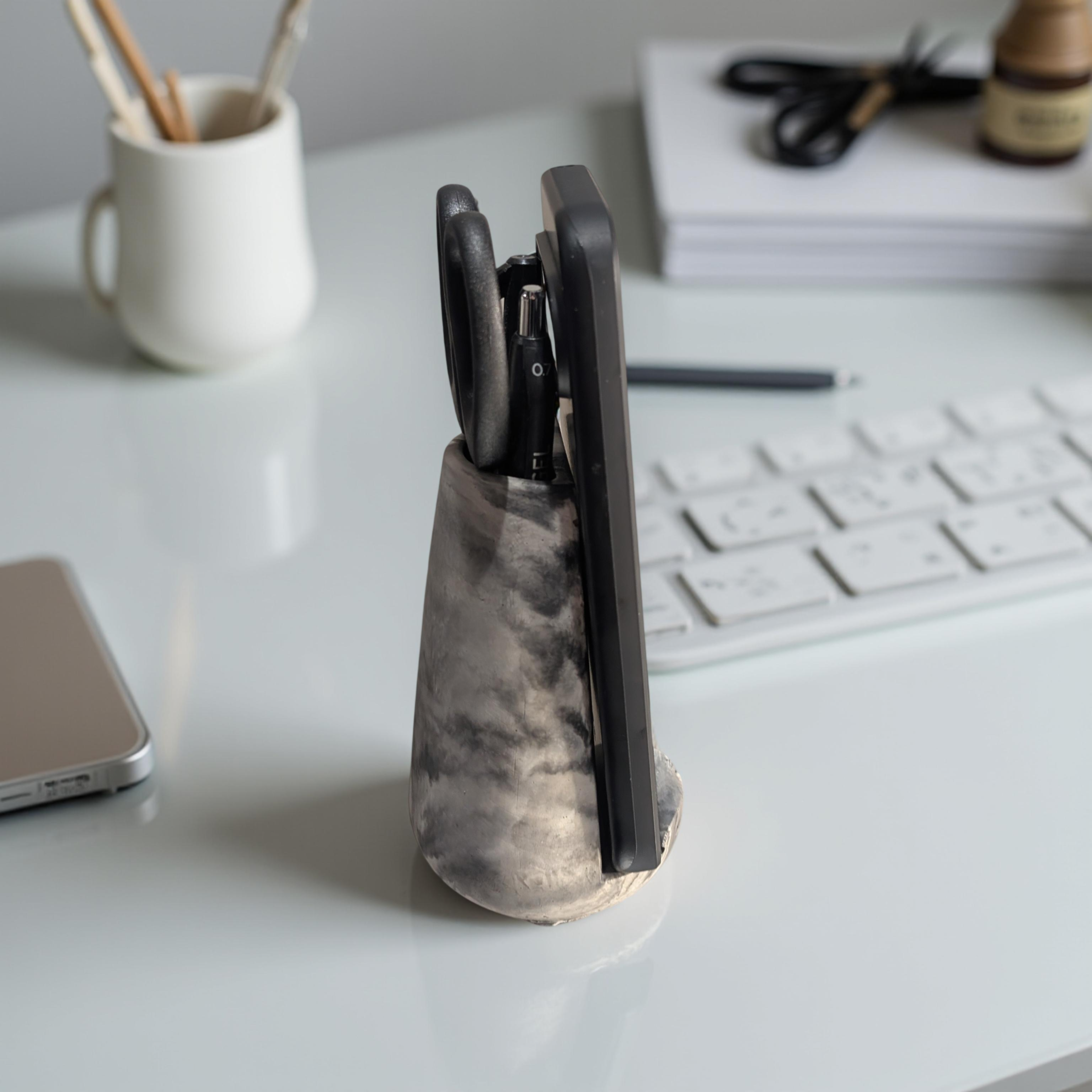 Modern Concrete Phone Stand & Desk Organizer – Pen & Scissor Holder (Marble & Gray)