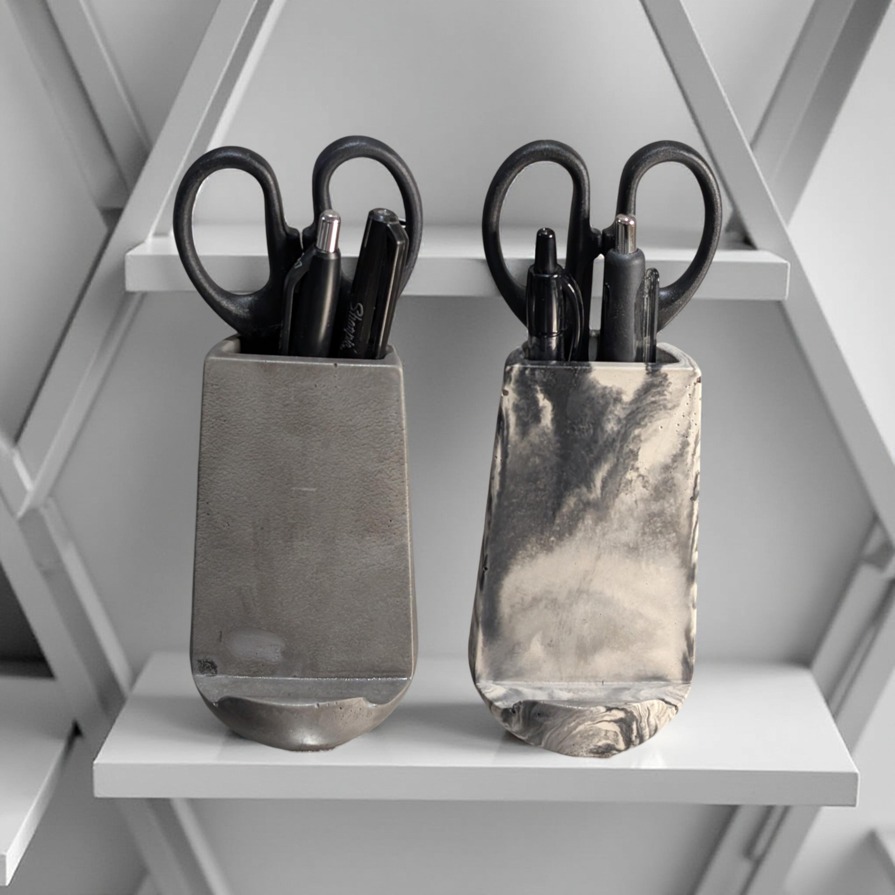 Modern Concrete Phone Stand & Desk Organizer – Pen & Scissor Holder (Marble & Gray)