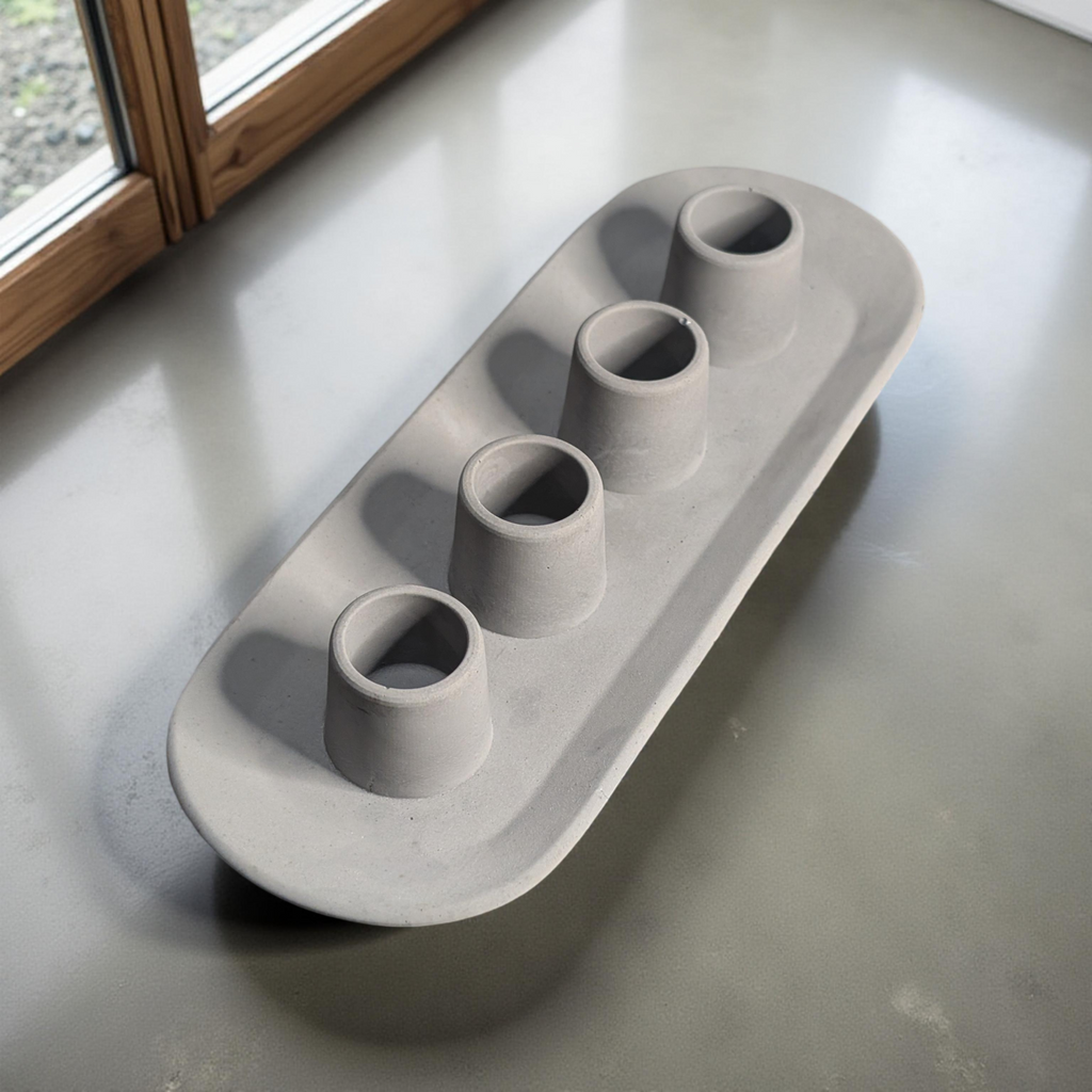Long Concrete Taper Candle Holder | 4 Candle Minimalist Centerpiece | Modern Industrial Cement Candlestick Tray | Scandi Mantel Decor