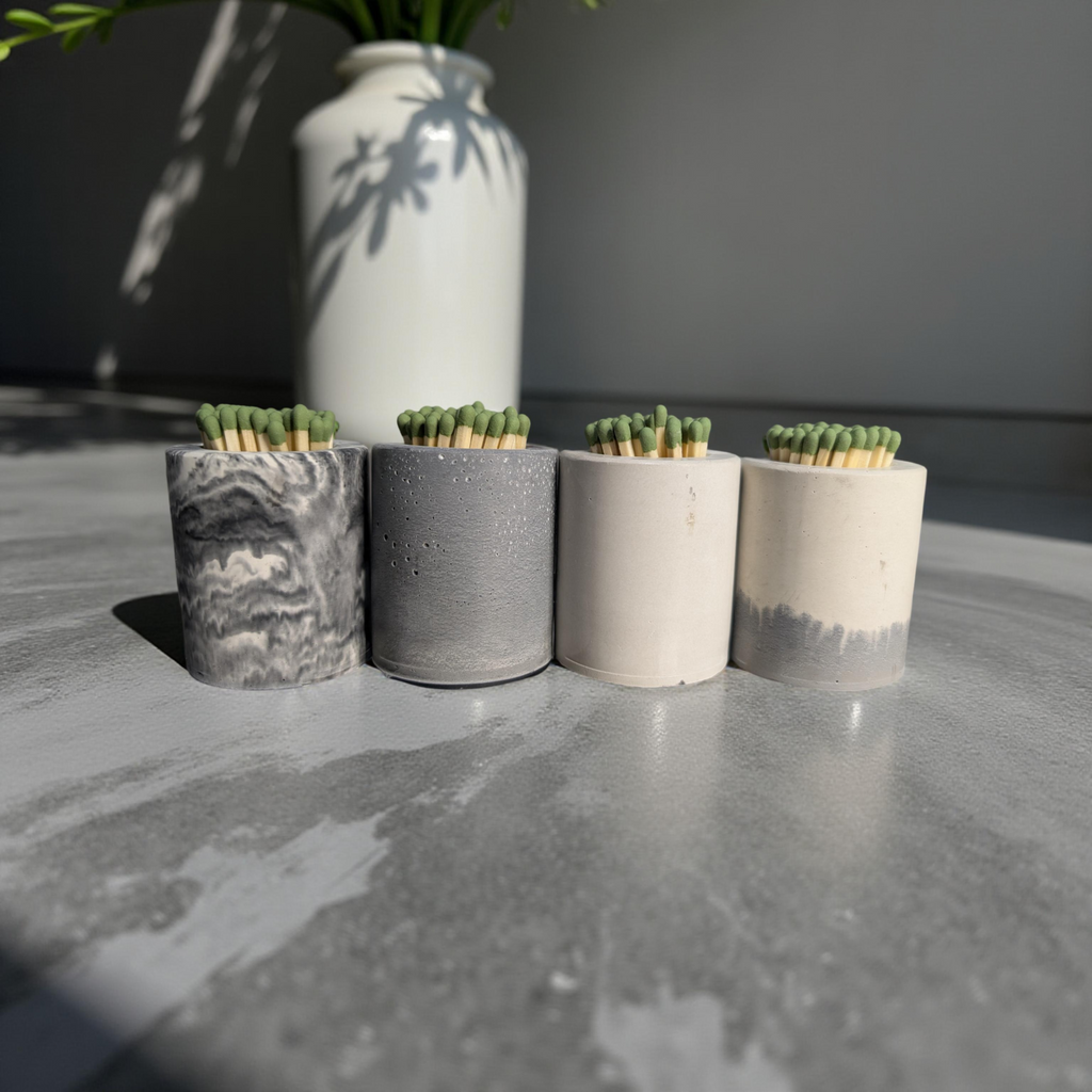 Concrete Match Holder with Striker – Modern Match Jar with 50 Green-Tipped Matches | Handmade Minimalist Home Decor, Candle Accessory Gift