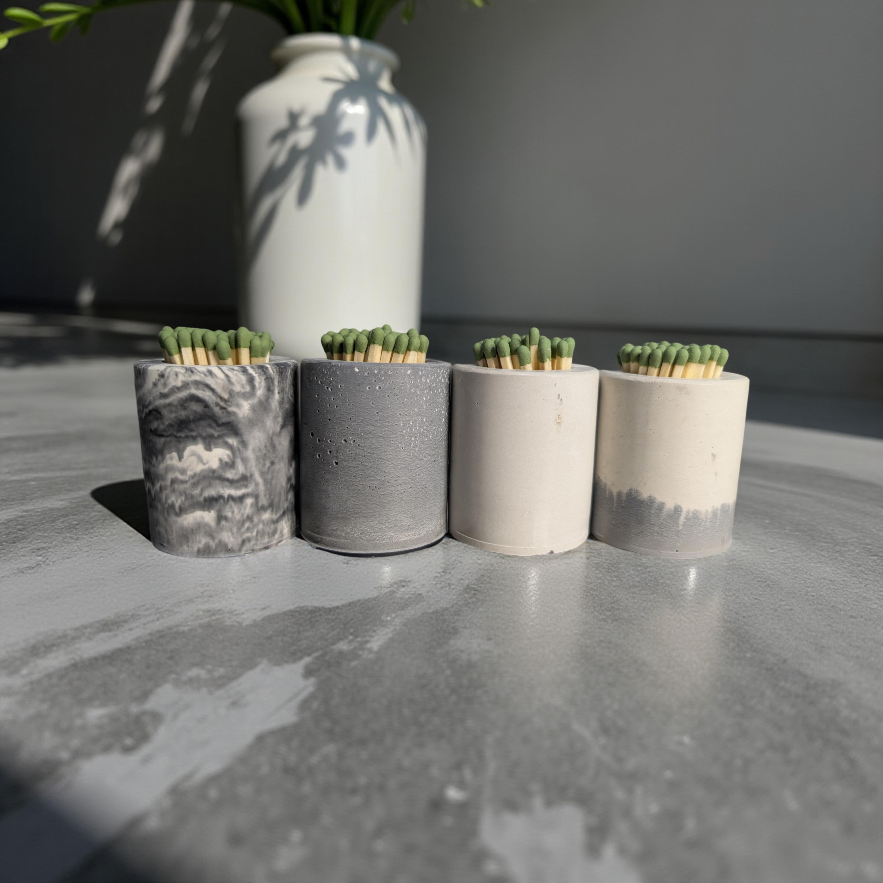 Concrete Match Holder with Striker – Modern Match Jar with 50 Green-Tipped Matches | Handmade Minimalist Home Decor, Candle Accessory Gift