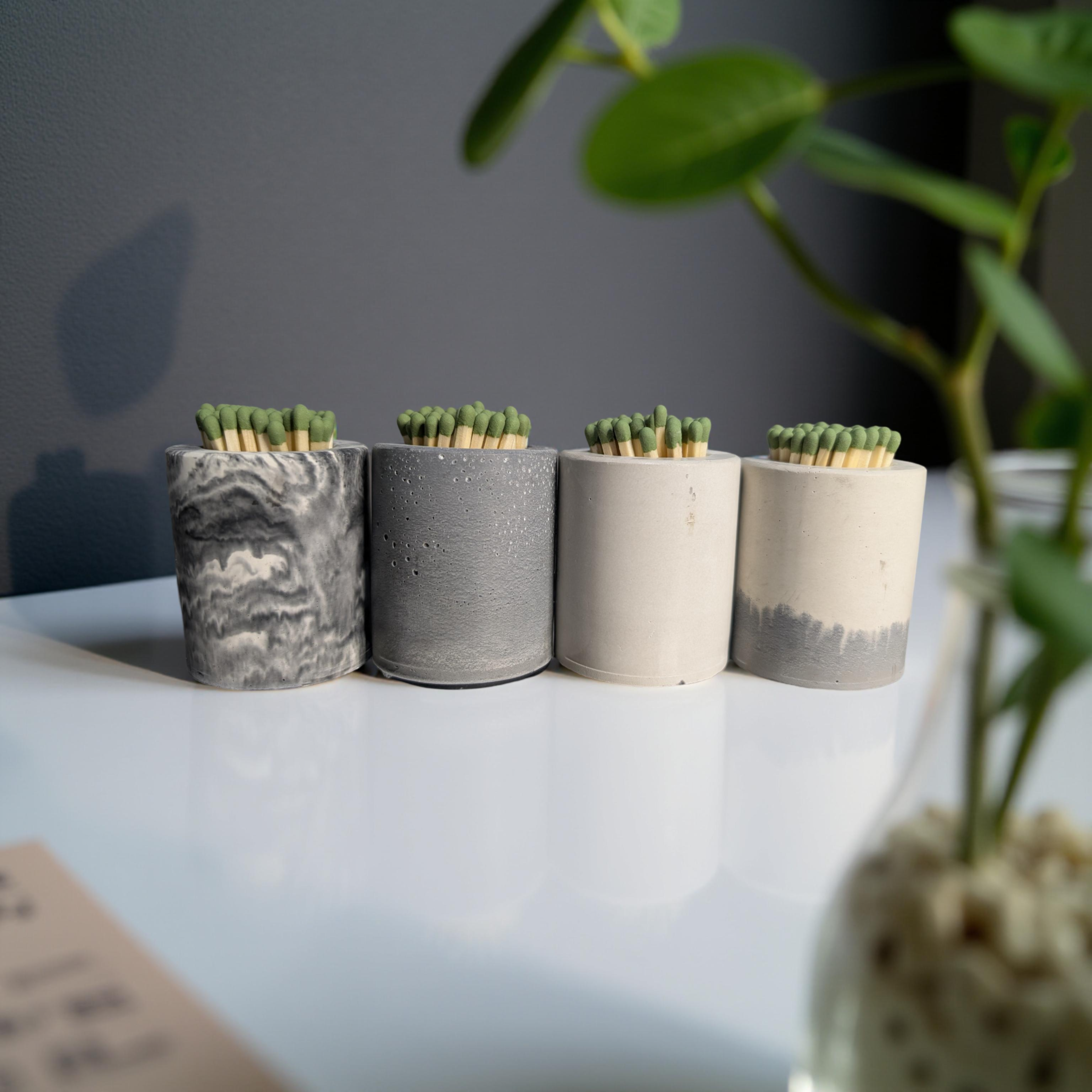 Concrete Match Holder with Striker – Modern Match Jar with 50 Green-Tipped Matches | Handmade Minimalist Home Decor, Candle Accessory Gift