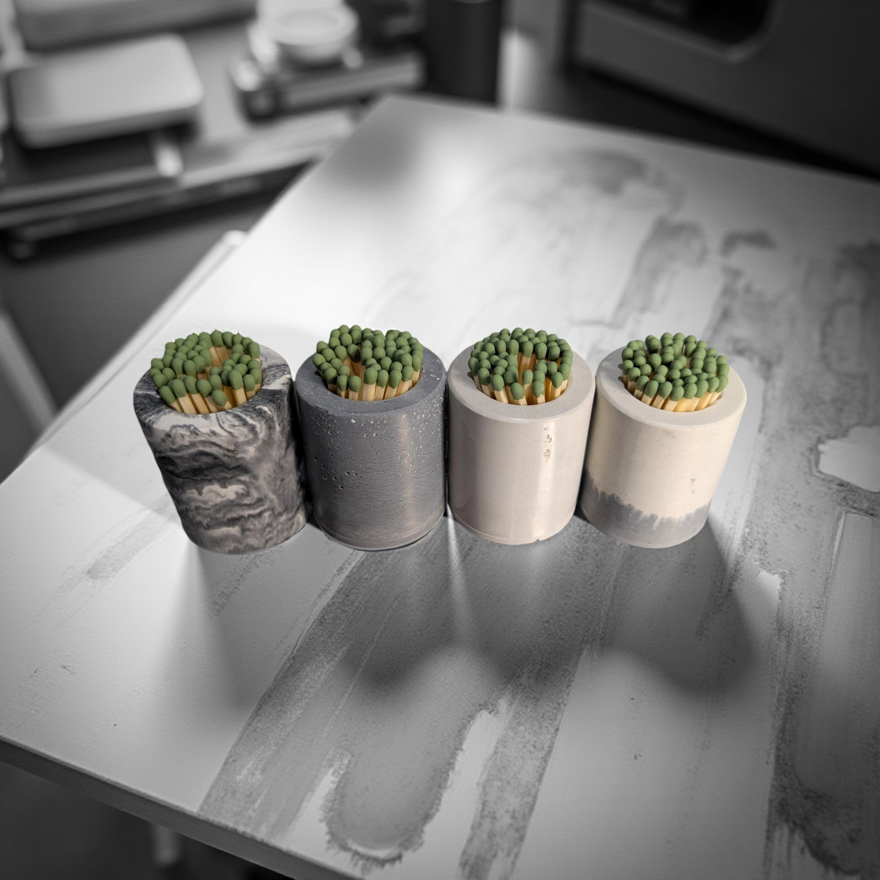 Concrete Match Holder with Striker – Modern Match Jar with 50 Green-Tipped Matches | Handmade Minimalist Home Decor, Candle Accessory Gift