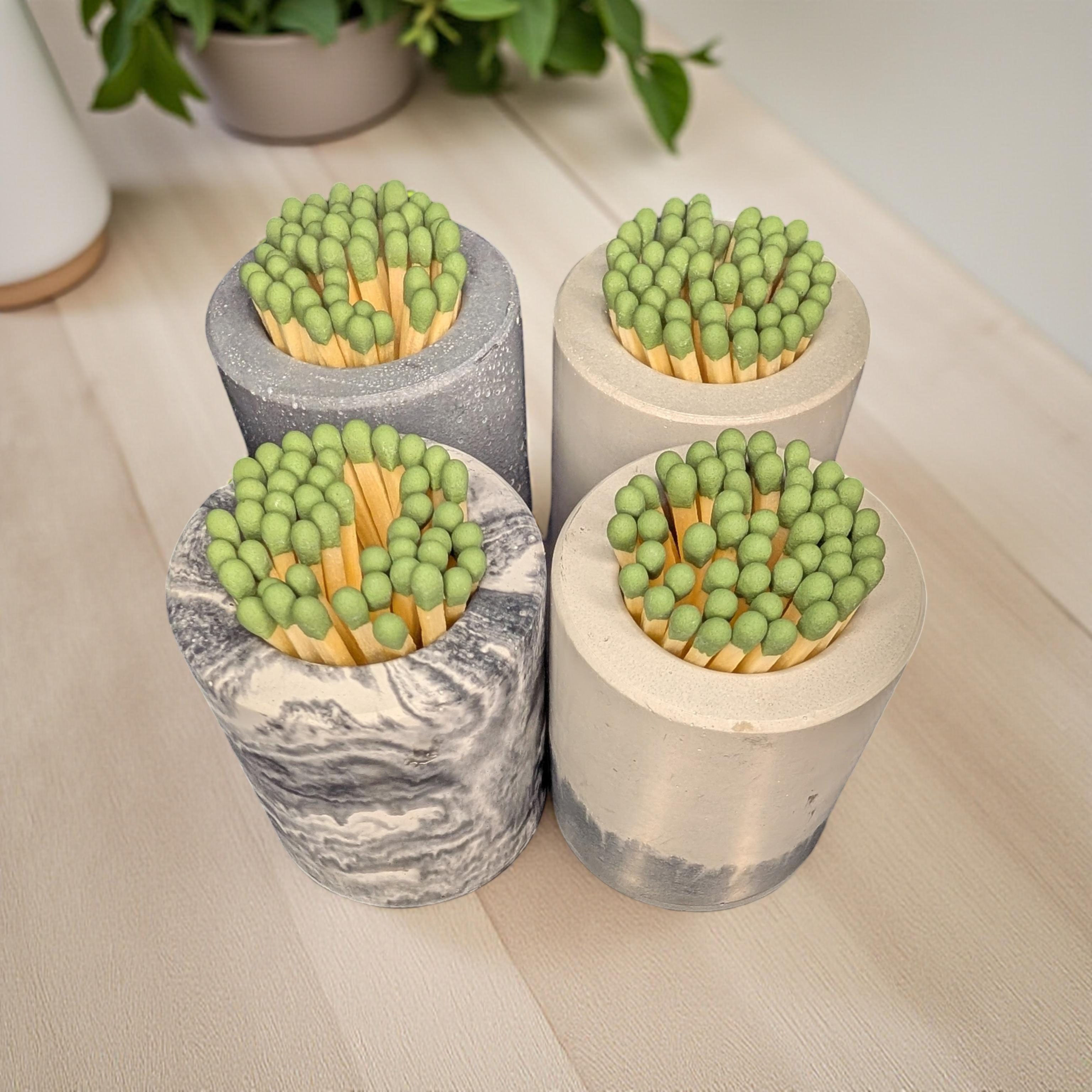 Concrete Match Holder with Striker – Modern Match Jar with 50 Green-Tipped Matches | Handmade Minimalist Home Decor, Candle Accessory Gift