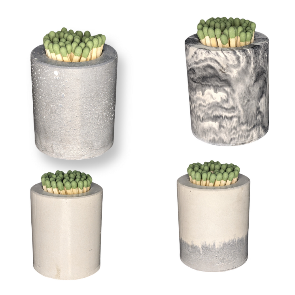 Concrete Match Holder with Striker – Modern Match Jar with 50 Green-Tipped Matches | Handmade Minimalist Home Decor, Candle Accessory Gift