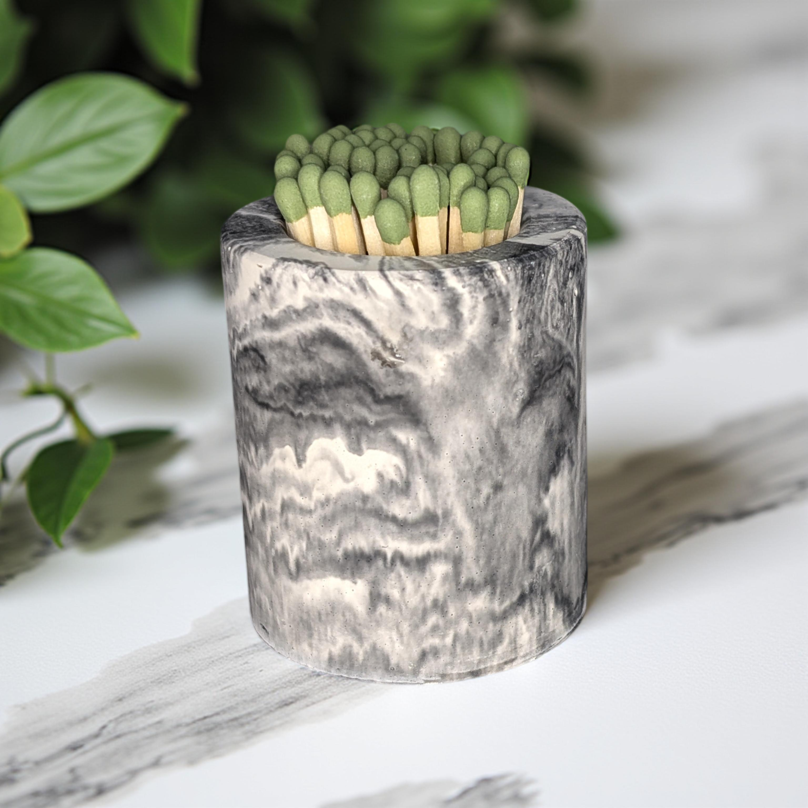 Concrete Match Holder with Striker – Modern Match Jar with 50 Green-Tipped Matches | Handmade Minimalist Home Decor, Candle Accessory Gift