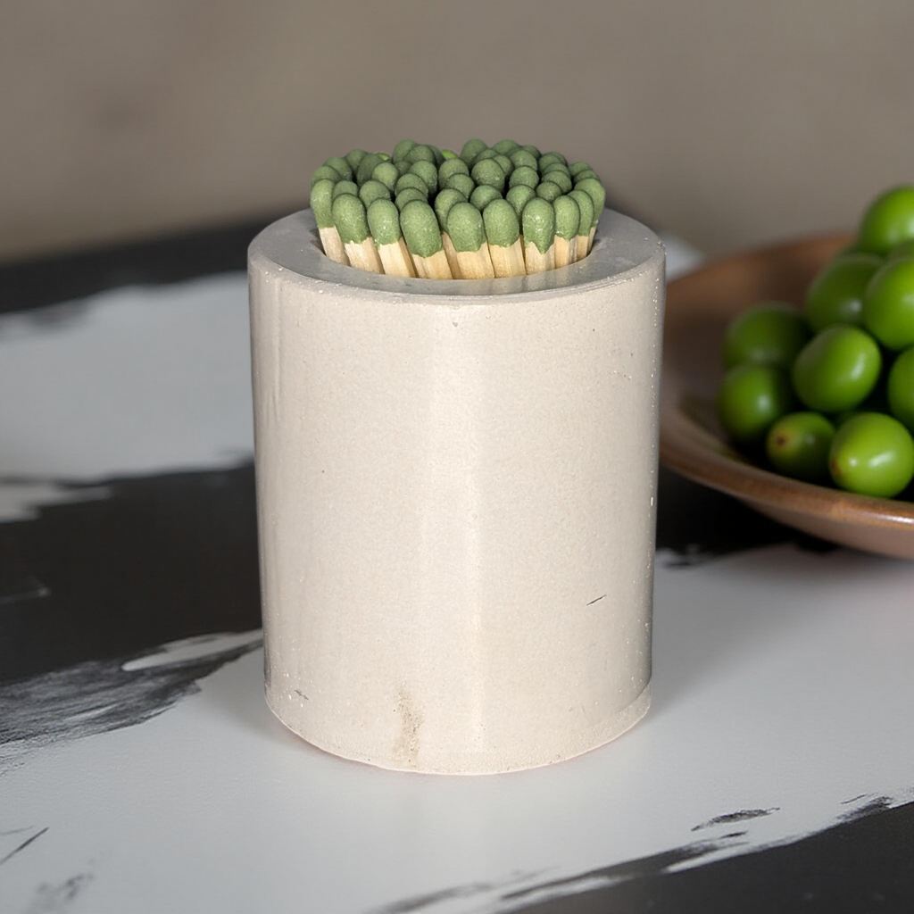 Concrete Match Holder with Striker – Modern Match Jar with 50 Green-Tipped Matches | Handmade Minimalist Home Decor, Candle Accessory Gift