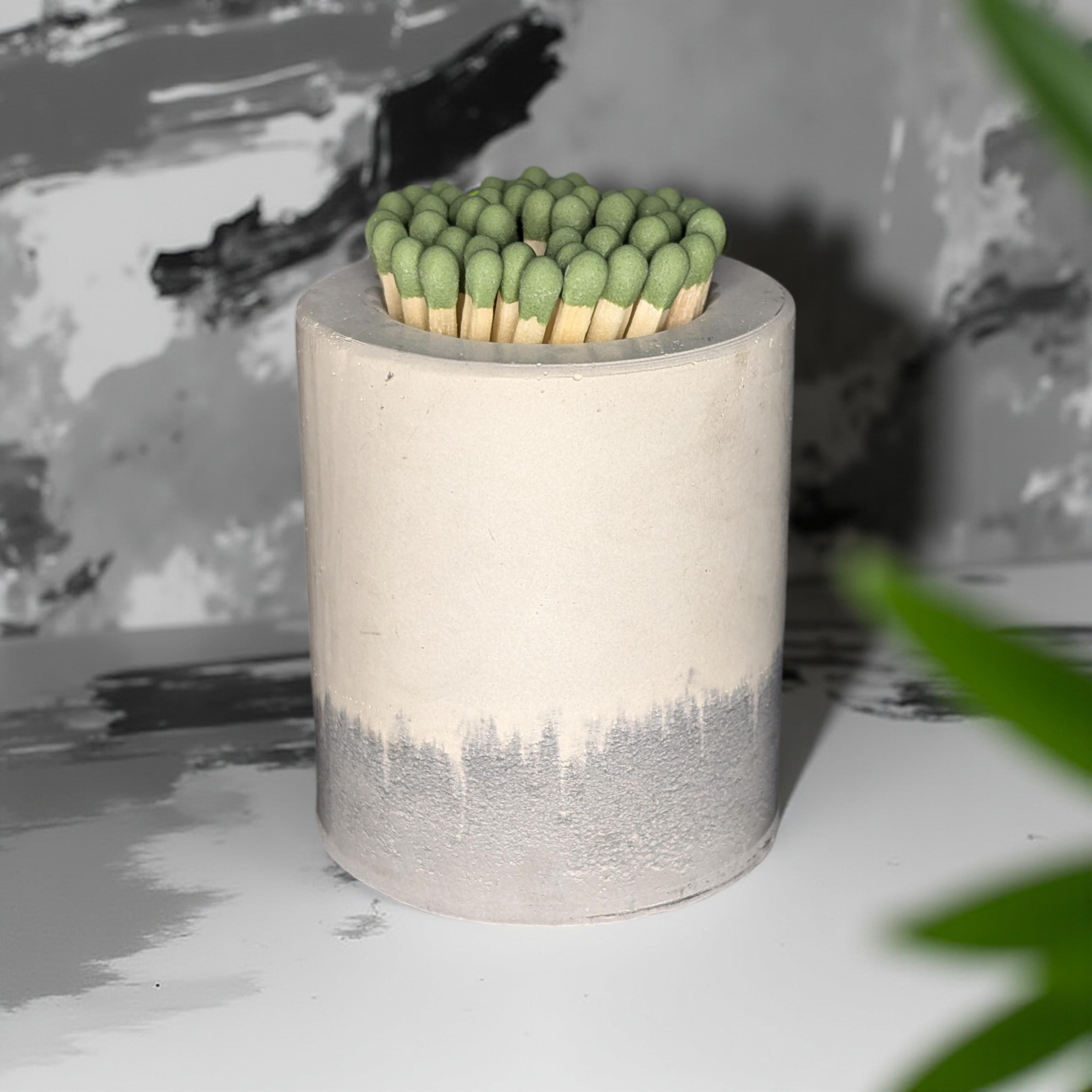 Concrete Match Holder with Striker – Modern Match Jar with 50 Green-Tipped Matches | Handmade Minimalist Home Decor, Candle Accessory Gift
