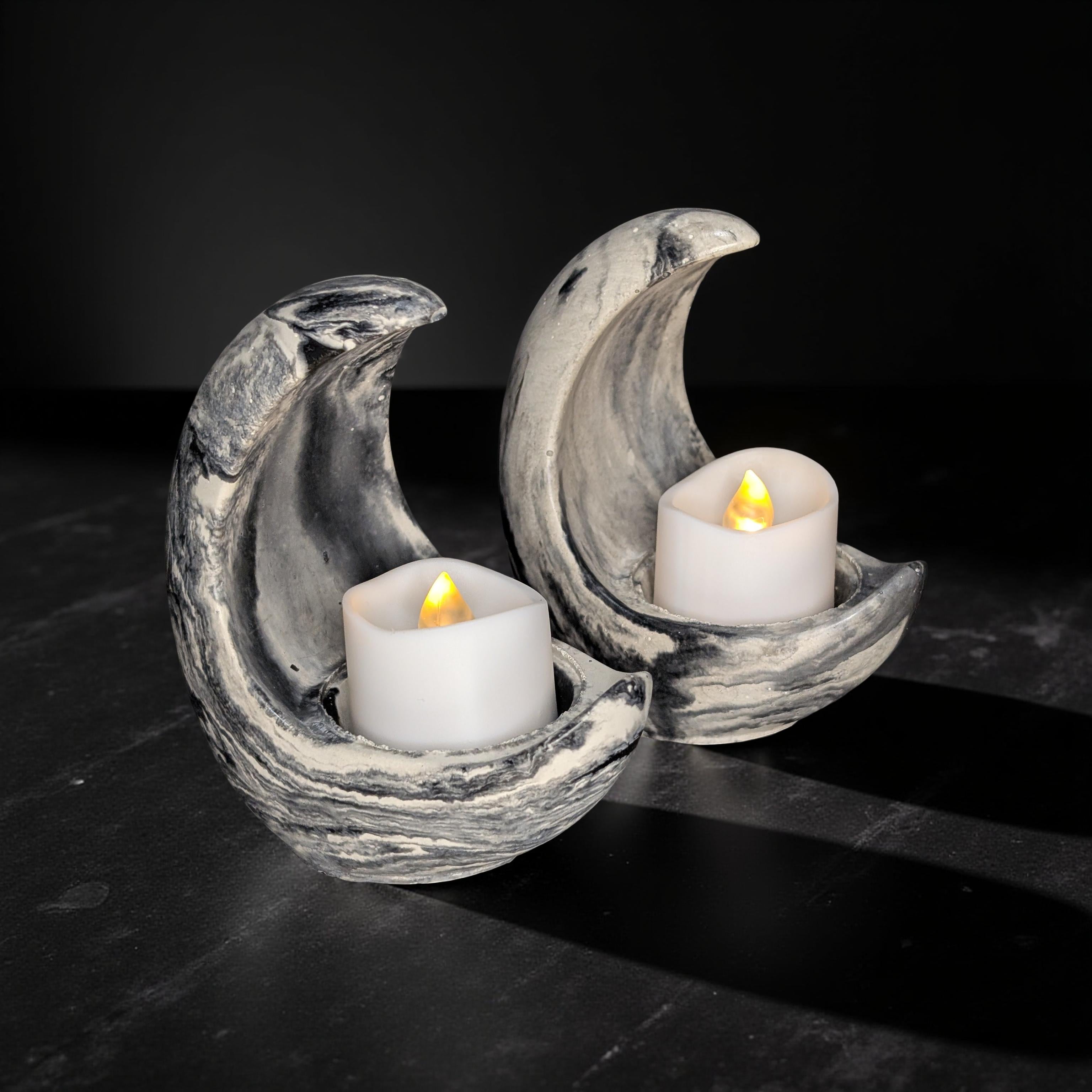 Concrete Crescent Moon Tea Light Holder Set of 2 - Minimalist Modern Candle Holder, Celestial Home Decor, Marble or Natural Gray Accent