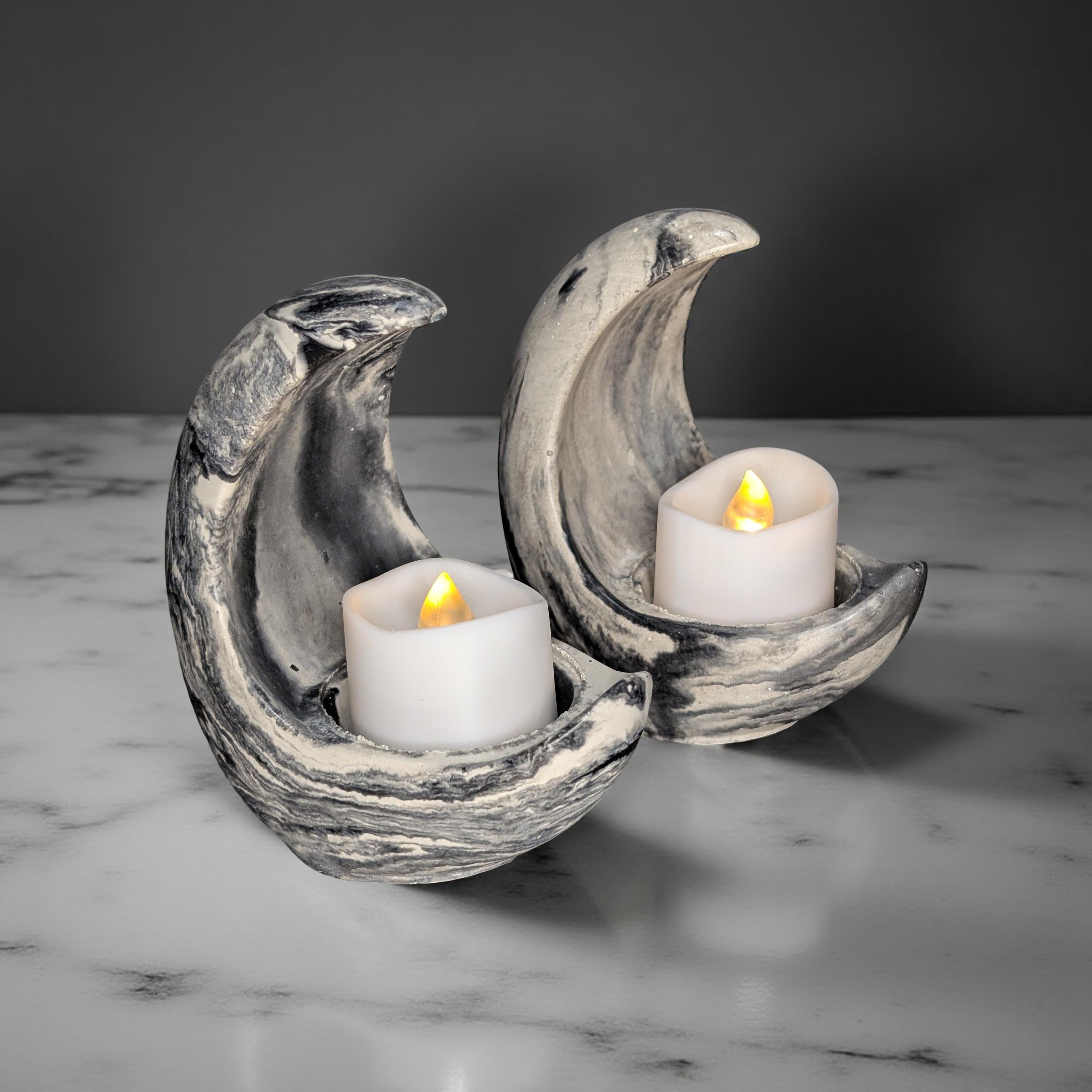 Concrete Crescent Moon Tea Light Holder Set of 2 - Minimalist Modern Candle Holder, Celestial Home Decor, Marble or Natural Gray Accent
