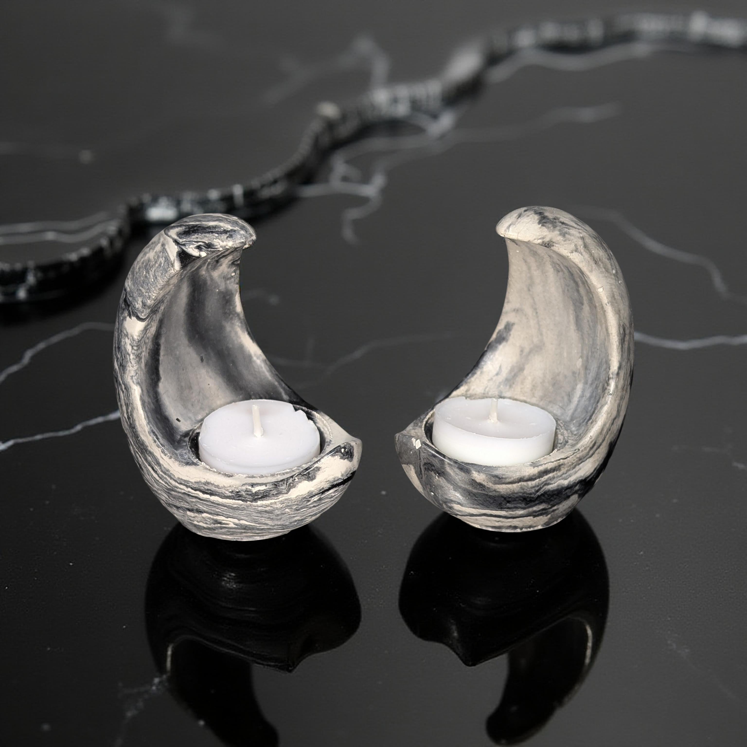 Concrete Crescent Moon Tea Light Holder Set of 2 - Minimalist Modern Candle Holder, Celestial Home Decor, Marble or Natural Gray Accent