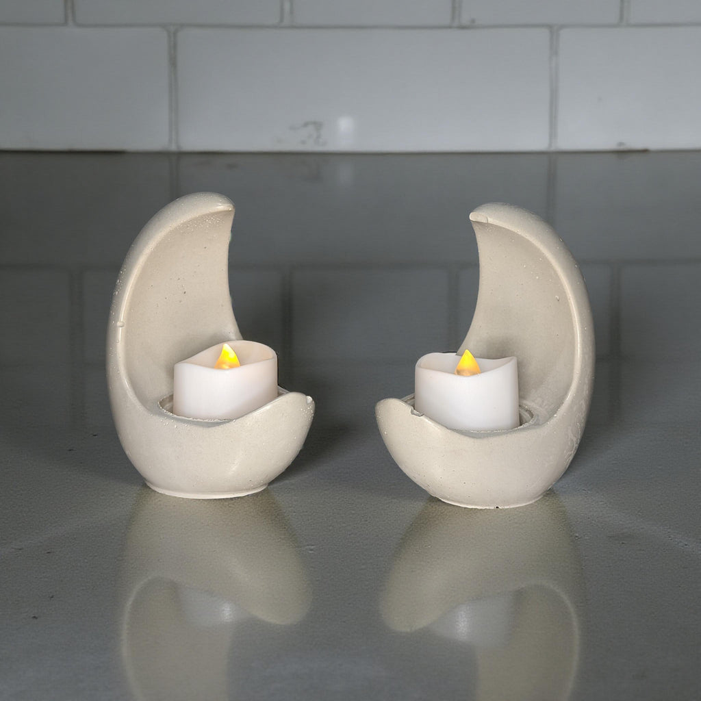 Concrete Crescent Moon Tea Light Holder Set of 2 - Minimalist Modern Candle Holder, Celestial Home Decor, Marble or Natural Gray Accent