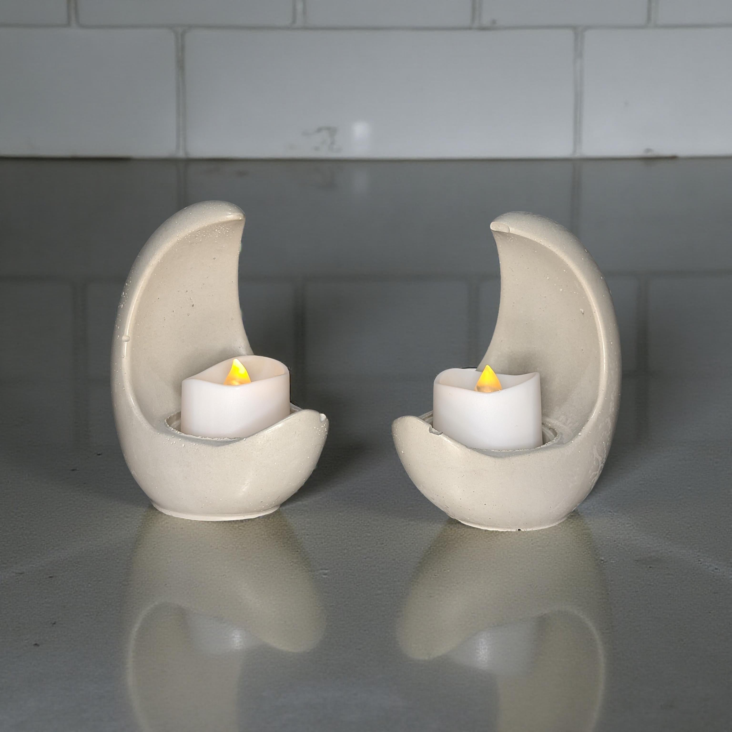 Concrete Crescent Moon Tea Light Holder Set of 2 - Minimalist Modern Candle Holder, Celestial Home Decor, Marble or Natural Gray Accent