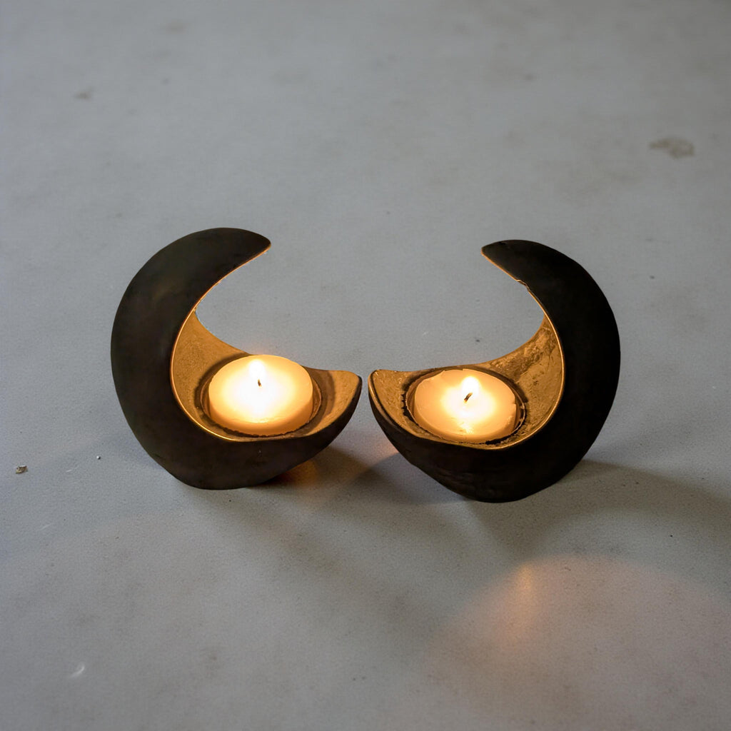 Concrete Crescent Moon Tea Light Holder Set of 2 - Minimalist Modern Candle Holder, Celestial Home Decor, Marble or Natural Gray Accent