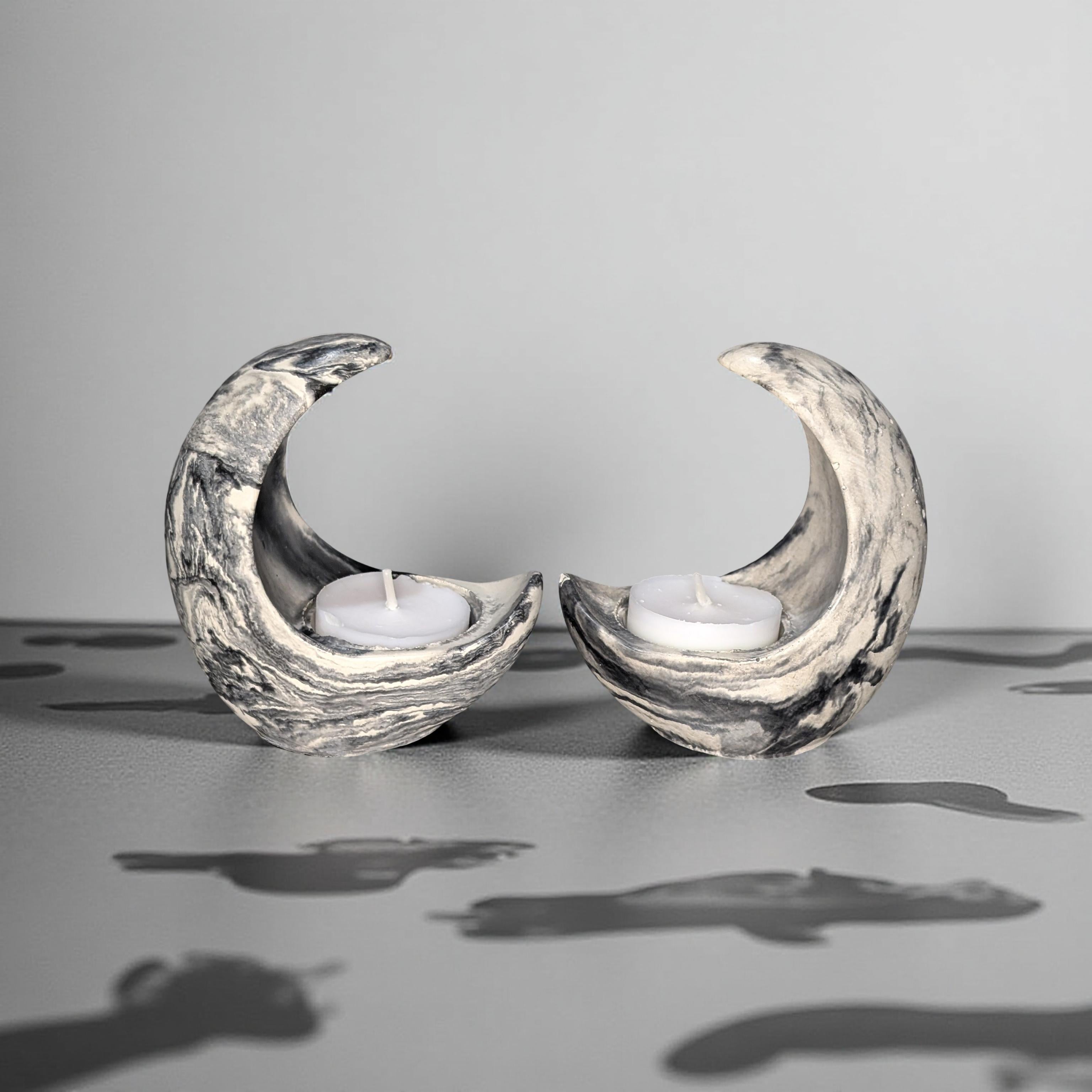 Concrete Crescent Moon Tea Light Holder Set of 2 - Minimalist Modern Candle Holder, Celestial Home Decor, Marble or Natural Gray Accent