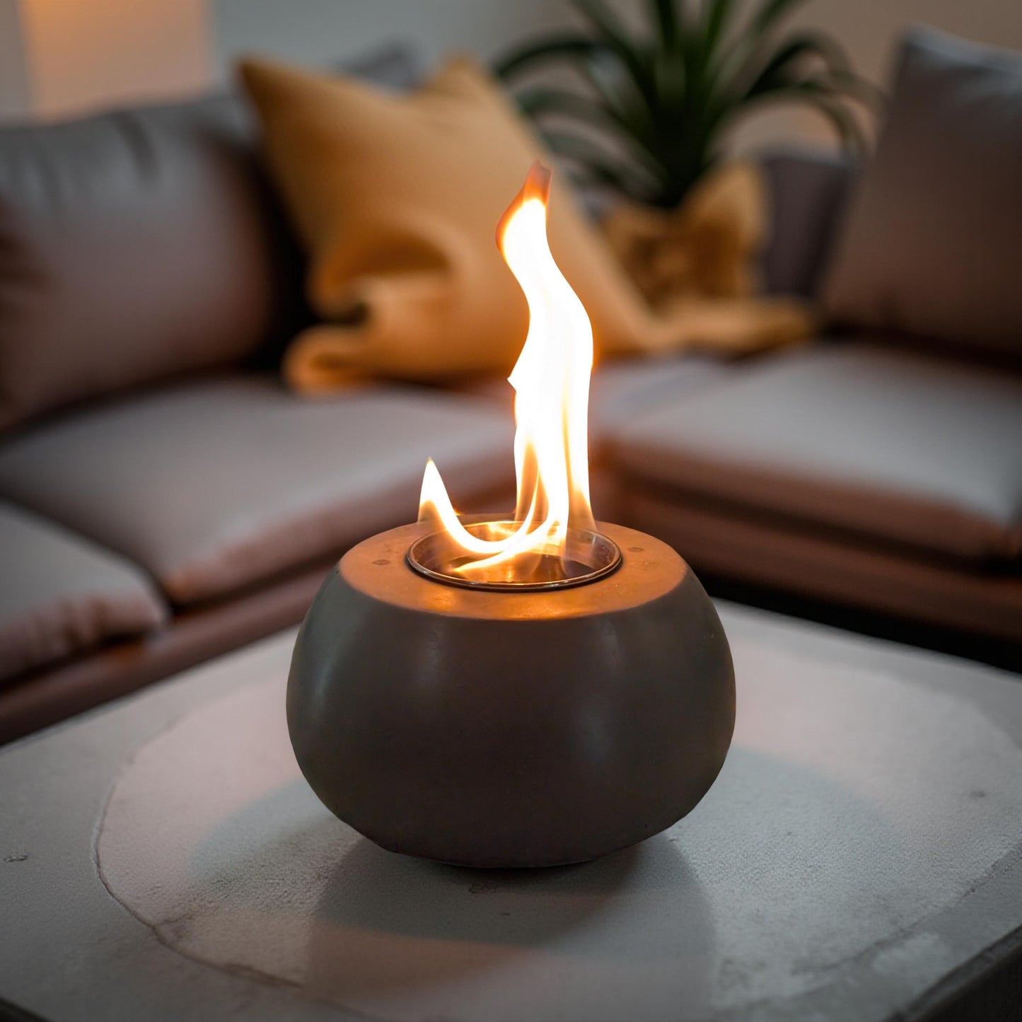 Concrete Tabletop Fire pit – Modern Indoor Outdoor Fire Bowl | Grey or Natural Concrete with Optional Snuffer & Stainless Steel Cup