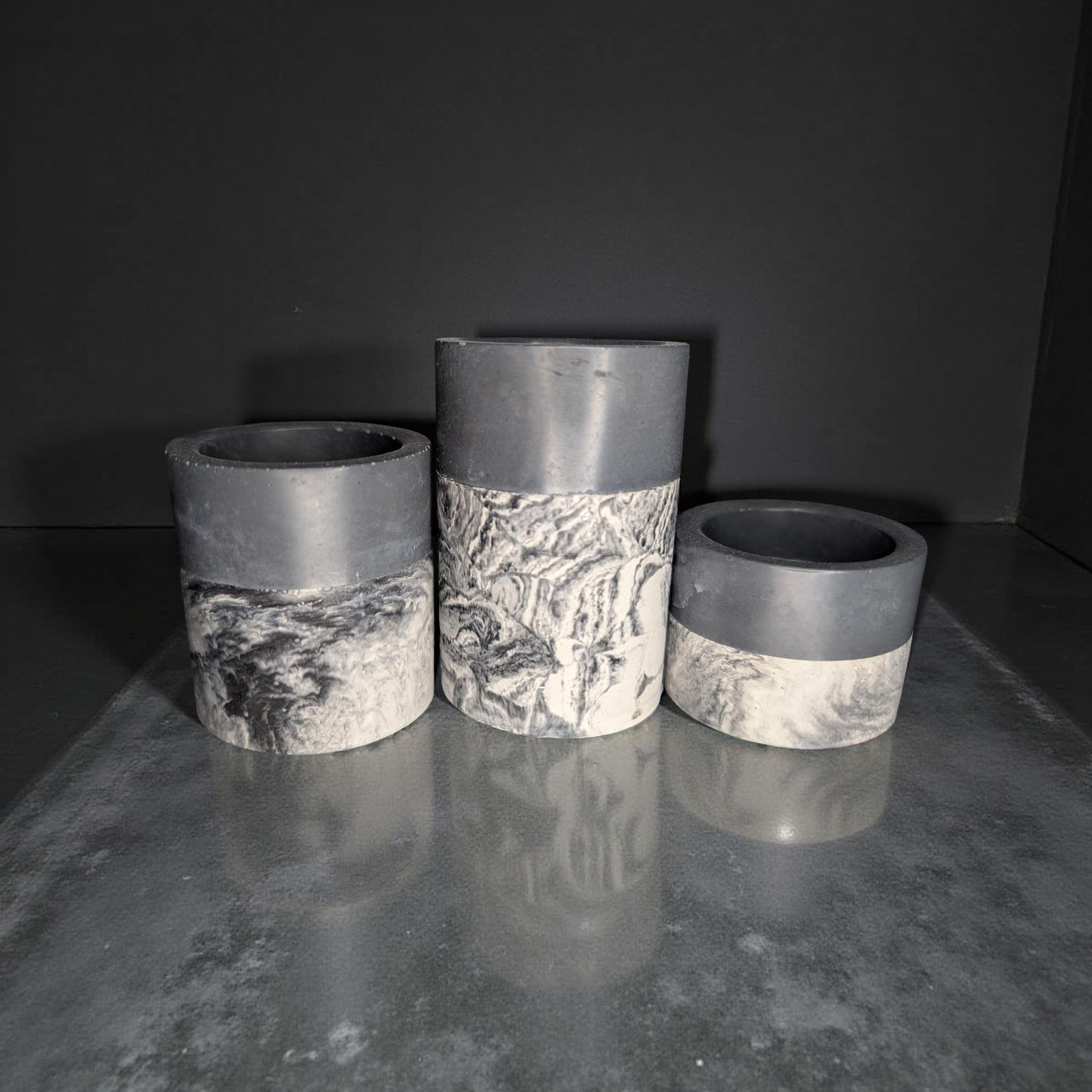 Set of 3 Concrete Tea Light Candle Holders – Gray & Marble Half Design | Modern Minimalist Home Decor | Handmade Cement Candle Set