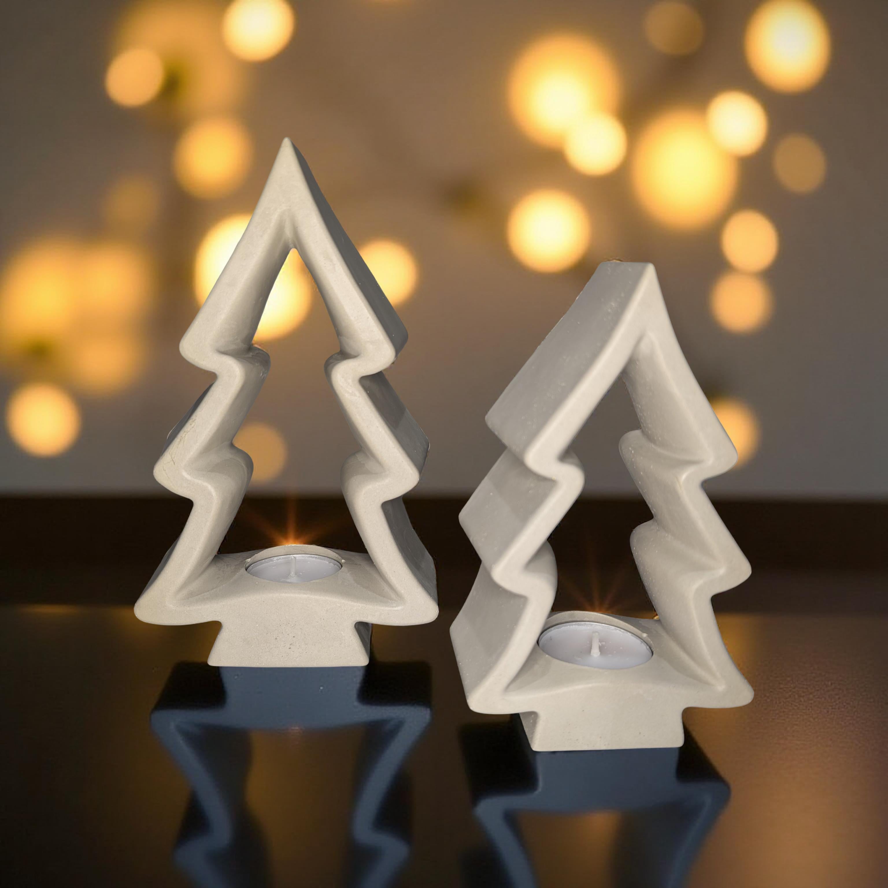 Concrete Christmas Tree Tea Light Holder with Candle | Modern Holiday Candle Holder | Minimalist Christmas Decor | Handmade Natural Concrete