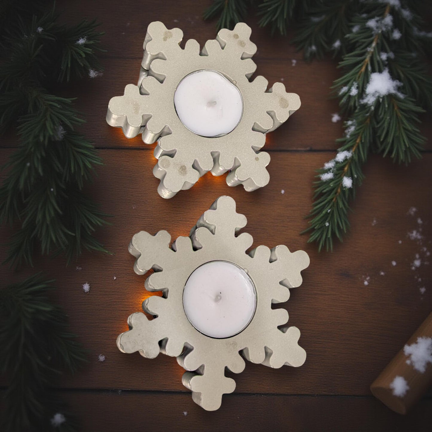 Concrete Snowflake Tea Light Candle Holders – Winter Holiday Table Décor – Minimalist Christmas Candle – Includes Tea Lights