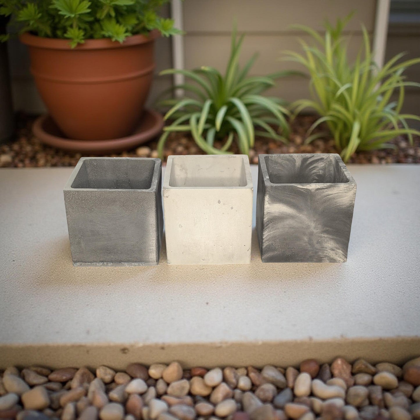 Square Concrete Planter with Drain Hole – 3.9” Modern Cement Pot – Marble, Natural Concrete, or Gray – Indoor Outdoor Succulent or Cactus Planter