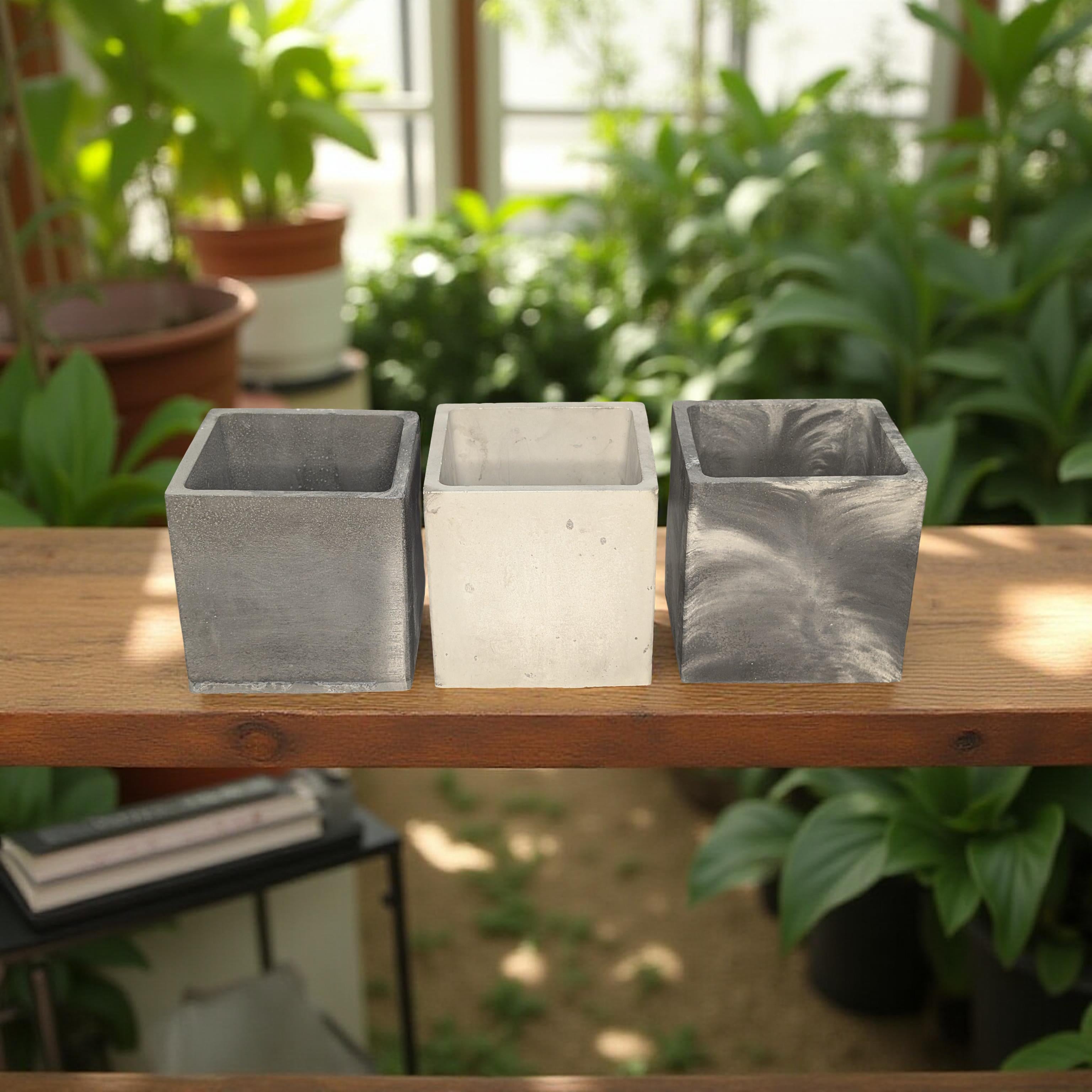 Square Concrete Planter with Drain Hole – 3.9” Modern Cement Pot – Marble, Natural Concrete, or Gray – Indoor Outdoor Succulent or Cactus Planter