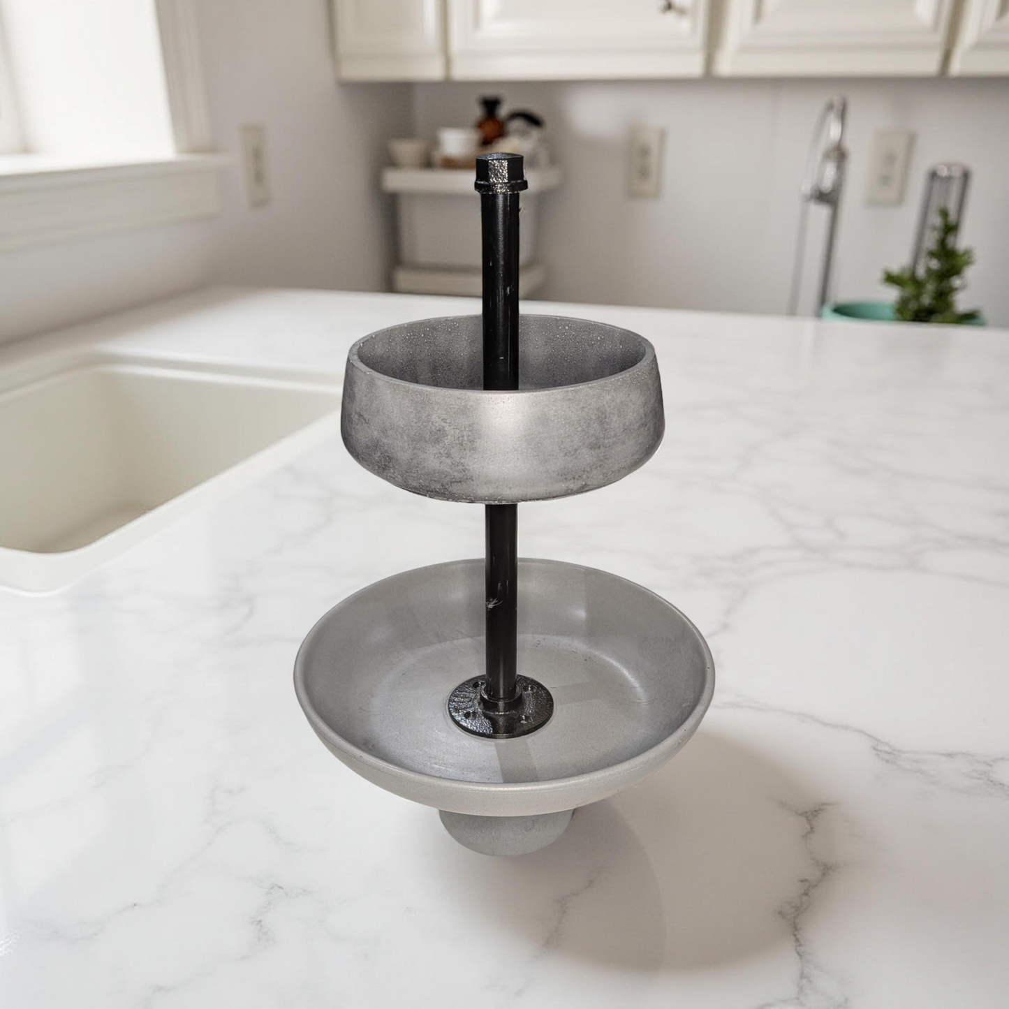 Handmade Concrete Tiered Tray with Adjustable Top | 19" Tall Modern Industrial Display Stand | 2-Tier Concrete Bowl Organizer