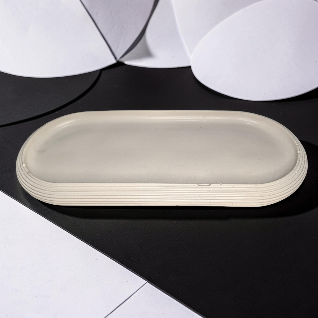 Large Concrete Vanity Tray, Oval Ribbed Catchall Dish, Minimalist Bathroom Counter Organizer, Modern Candle & Perfume Tray, Entryway Key Dish