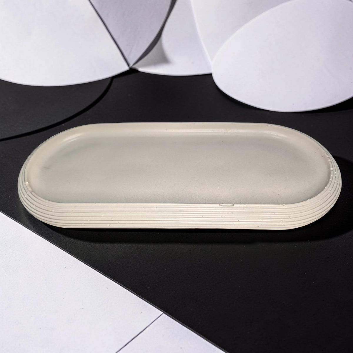 Large Concrete Vanity Tray, Oval Ribbed Catchall Dish, Minimalist Bathroom Counter Organizer, Modern Candle & Perfume Tray, Entryway Key Dish