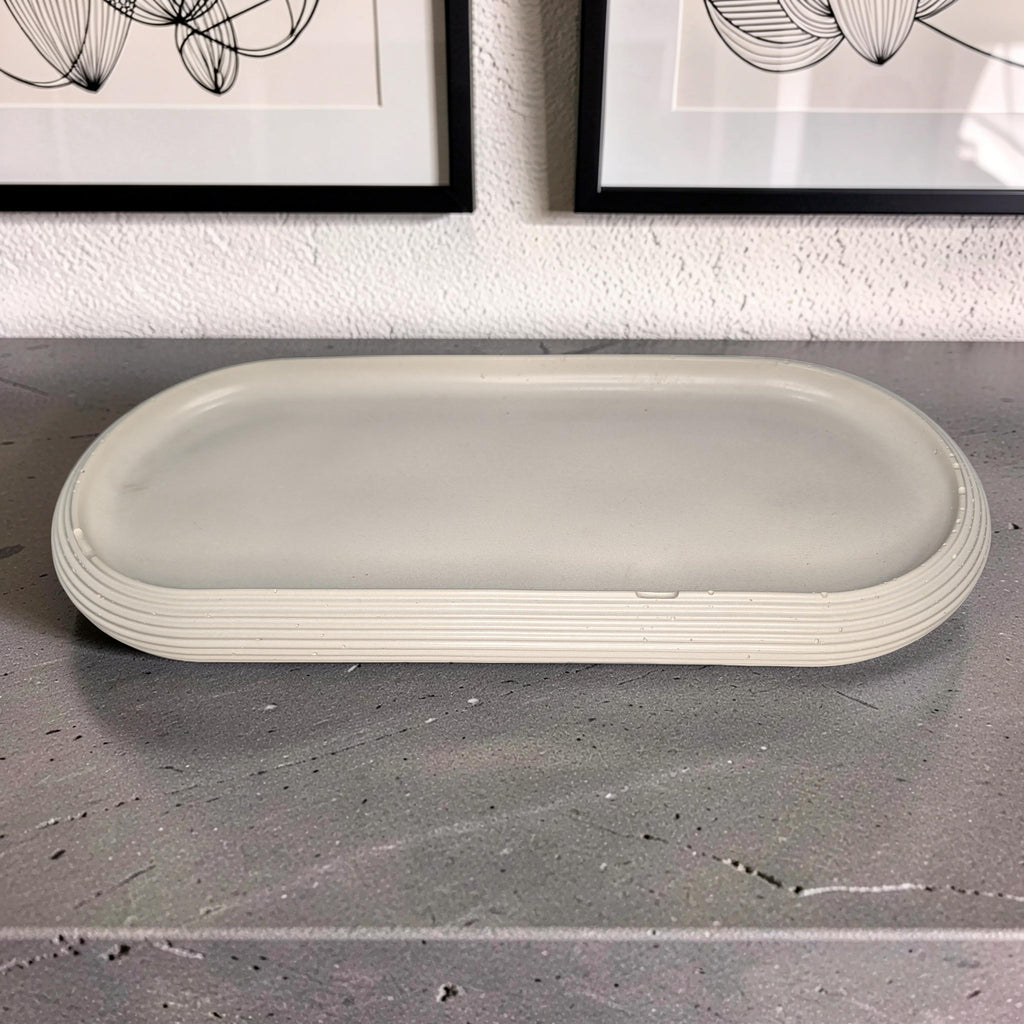 Large Concrete Vanity Tray, Oval Ribbed Catchall Dish, Minimalist Bathroom Counter Organizer, Modern Candle & Perfume Tray, Entryway Key Dish