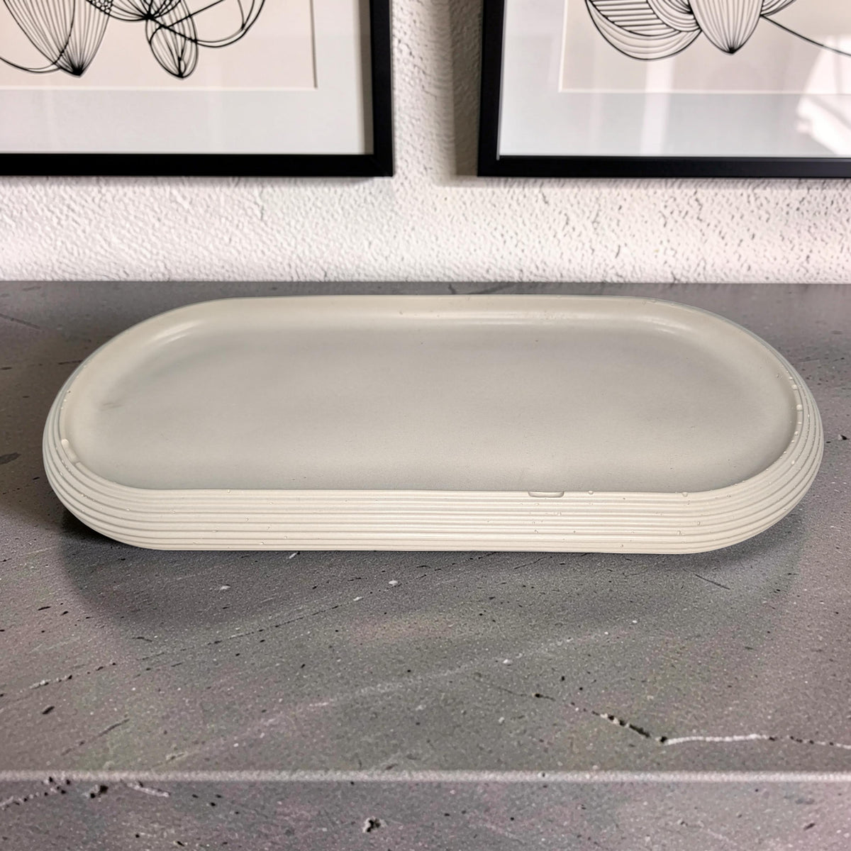 Large Concrete Vanity Tray, Oval Ribbed Catchall Dish, Minimalist Bathroom Counter Organizer, Modern Candle & Perfume Tray, Entryway Key Dish