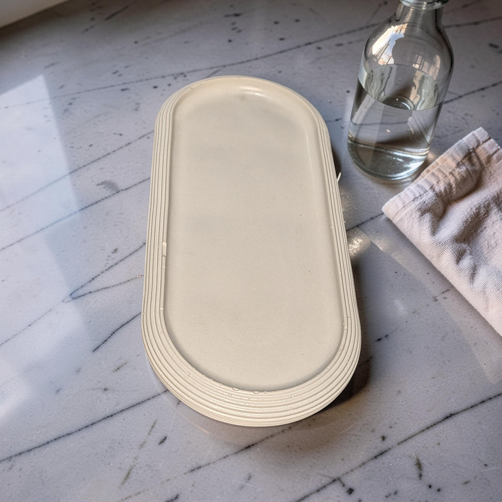 Large Concrete Vanity Tray, Oval Ribbed Catchall Dish, Minimalist Bathroom Counter Organizer, Modern Candle & Perfume Tray, Entryway Key Dish
