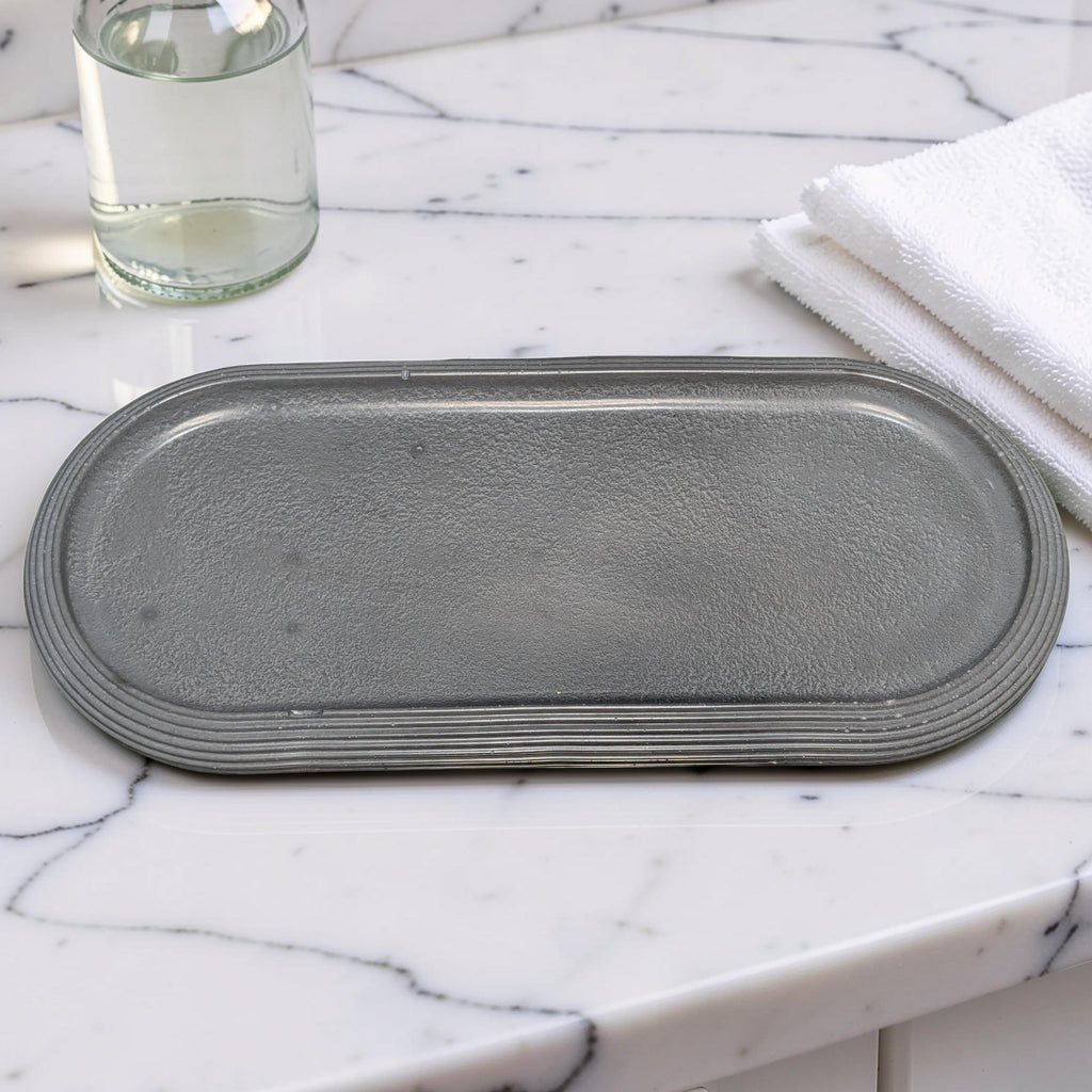 Large Concrete Vanity Tray, Oval Ribbed Catchall Dish, Minimalist Bathroom Counter Organizer, Modern Candle & Perfume Tray, Entryway Key Dish