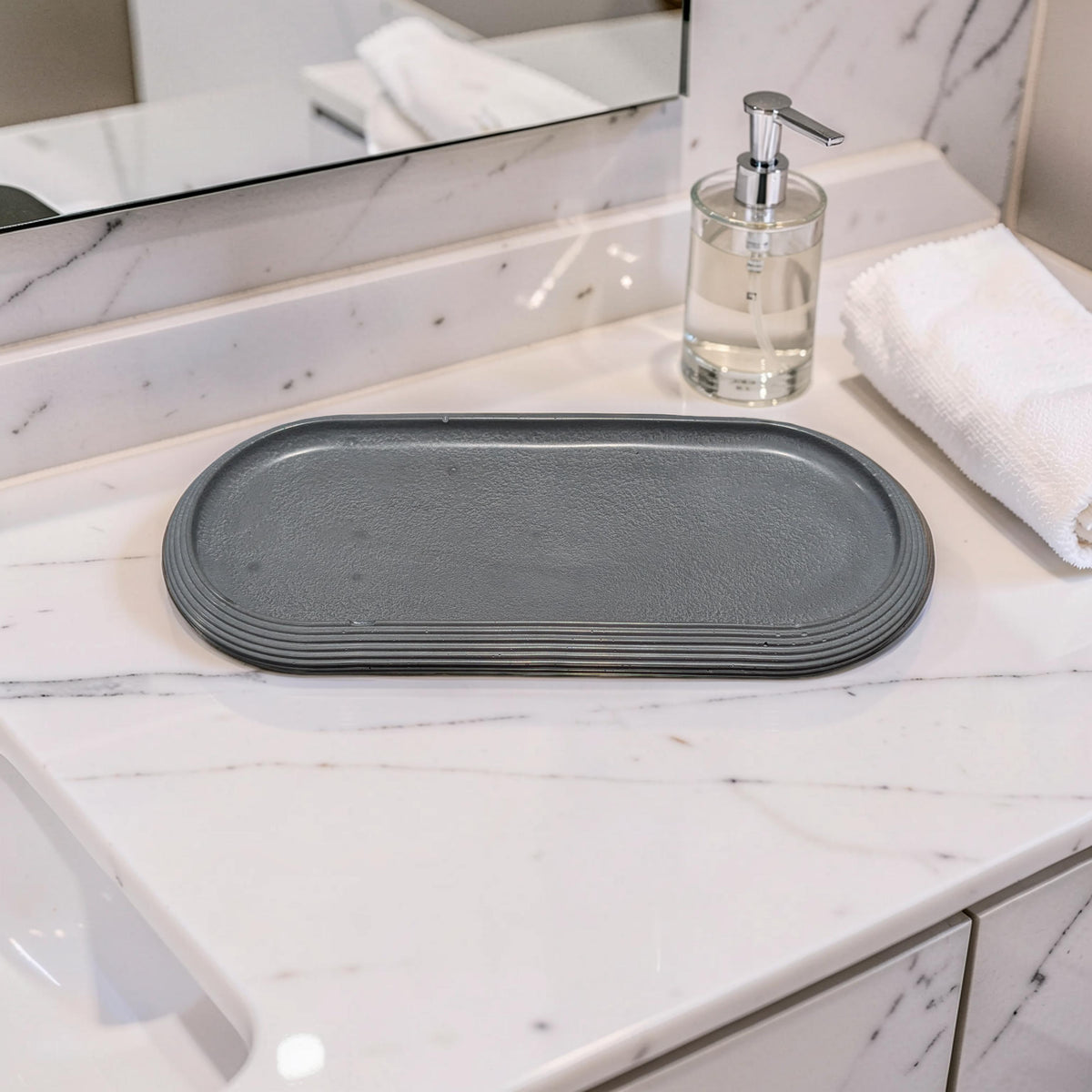 Large Concrete Vanity Tray, Oval Ribbed Catchall Dish, Minimalist Bathroom Counter Organizer, Modern Candle & Perfume Tray, Entryway Key Dish