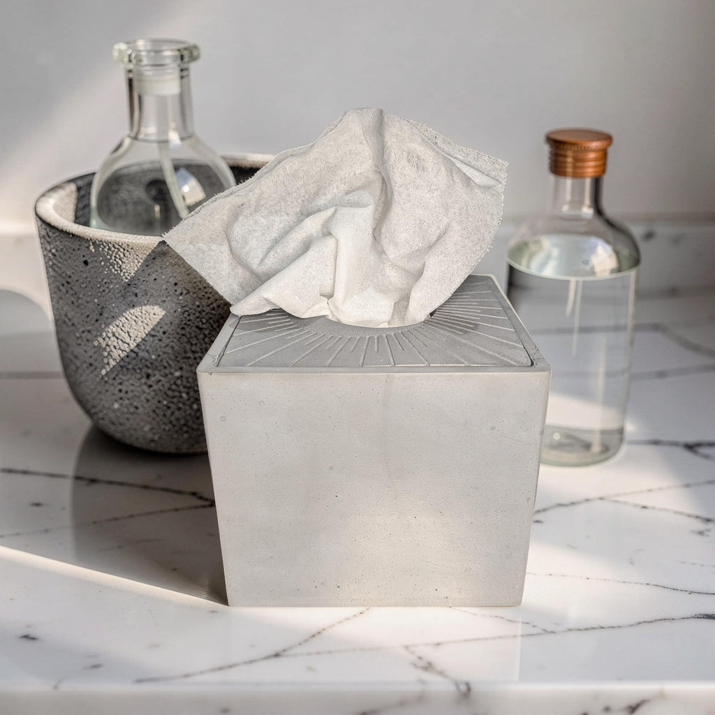 Modern Concrete Tissue Holder, Minimalist Square Sunburst Tissue Box with Lid, Industrial Bathroom Decor, Handcrafted Gray Concrete Container
