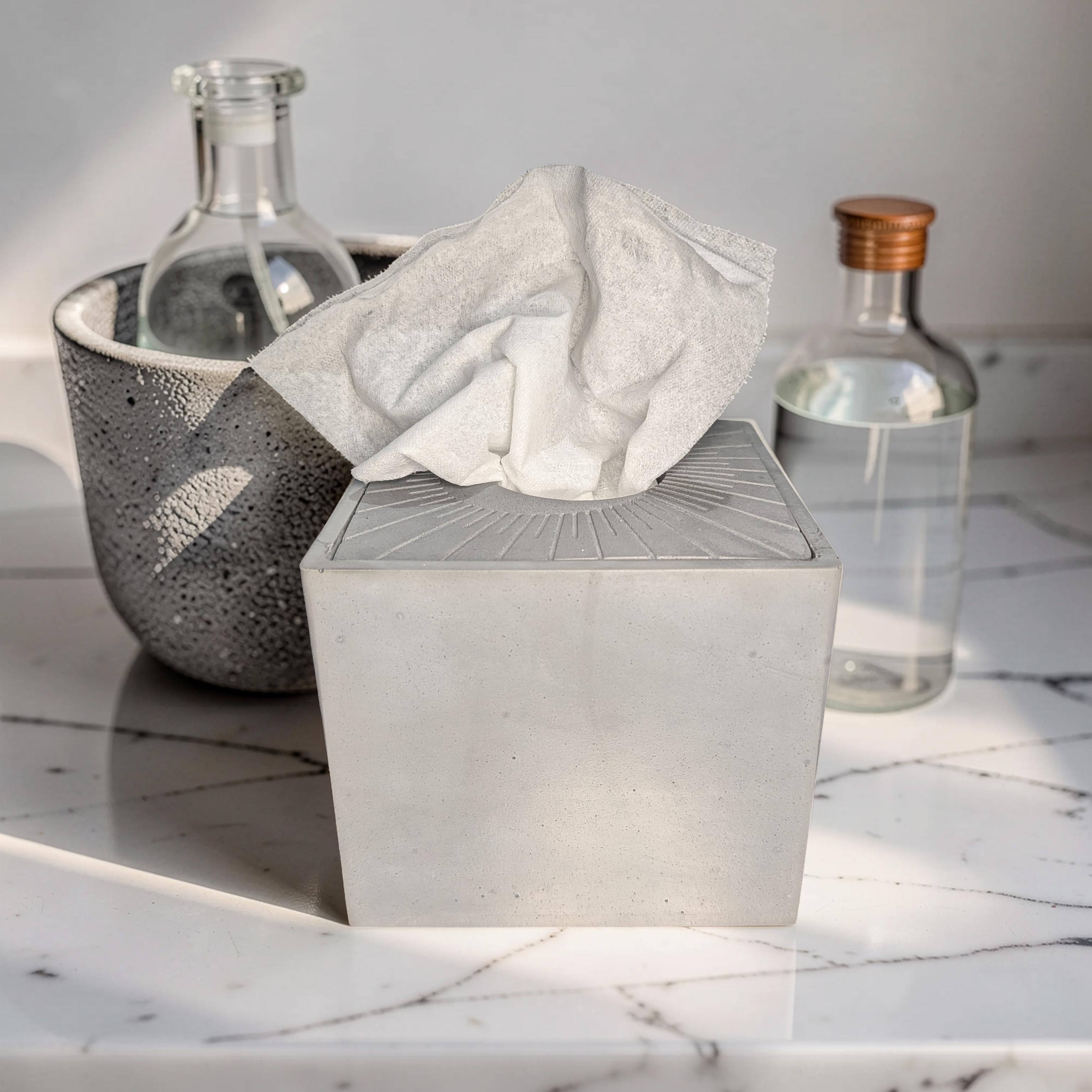 Modern Concrete Tissue Holder, Minimalist Square Sunburst Tissue Box with Lid, Industrial Bathroom Decor, Handcrafted Gray Concrete Container
