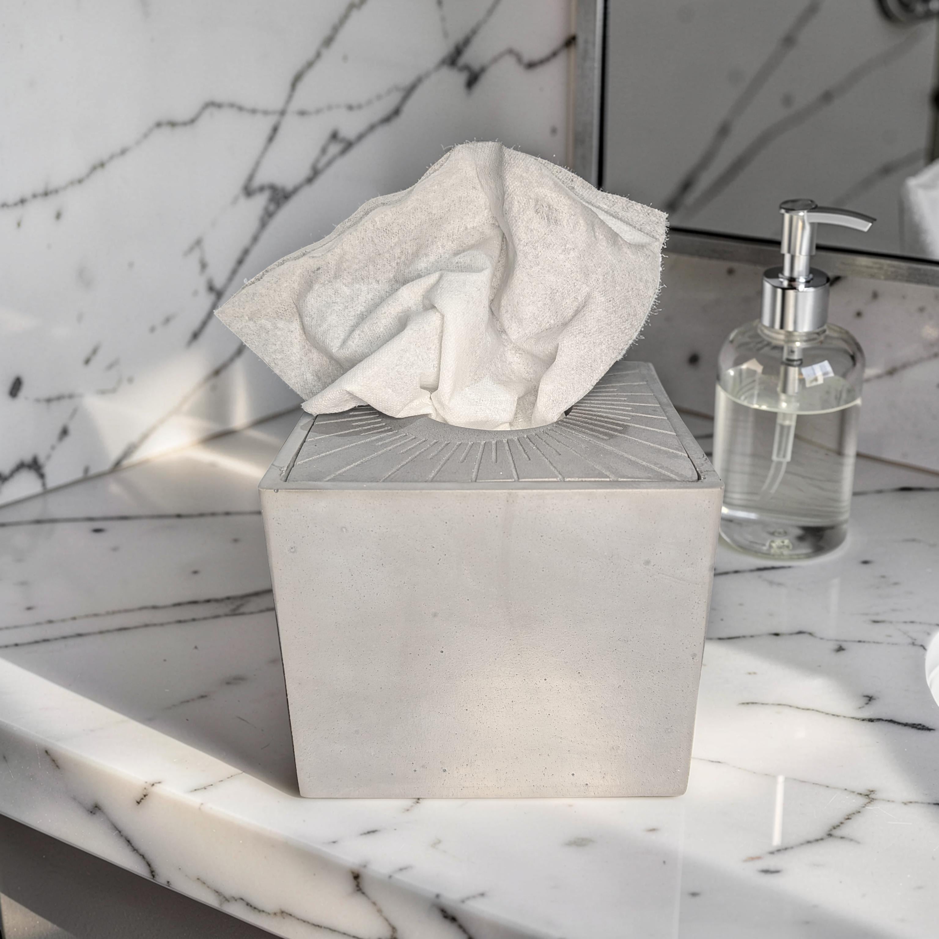 Modern Concrete Tissue Holder, Minimalist Square Sunburst Tissue Box with Lid, Industrial Bathroom Decor, Handcrafted Gray Concrete Container