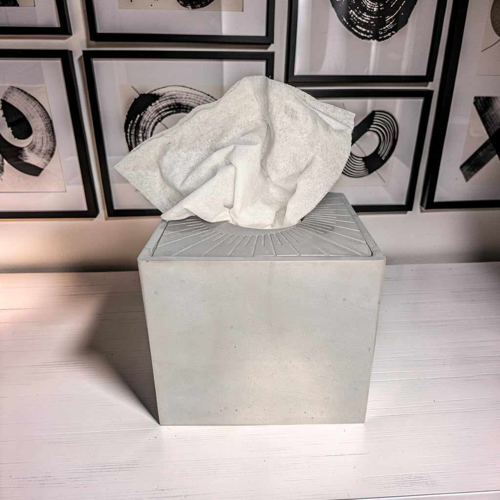 Modern Concrete Tissue Holder, Minimalist Square Sunburst Tissue Box with Lid, Industrial Bathroom Decor, Handcrafted Gray Concrete Container