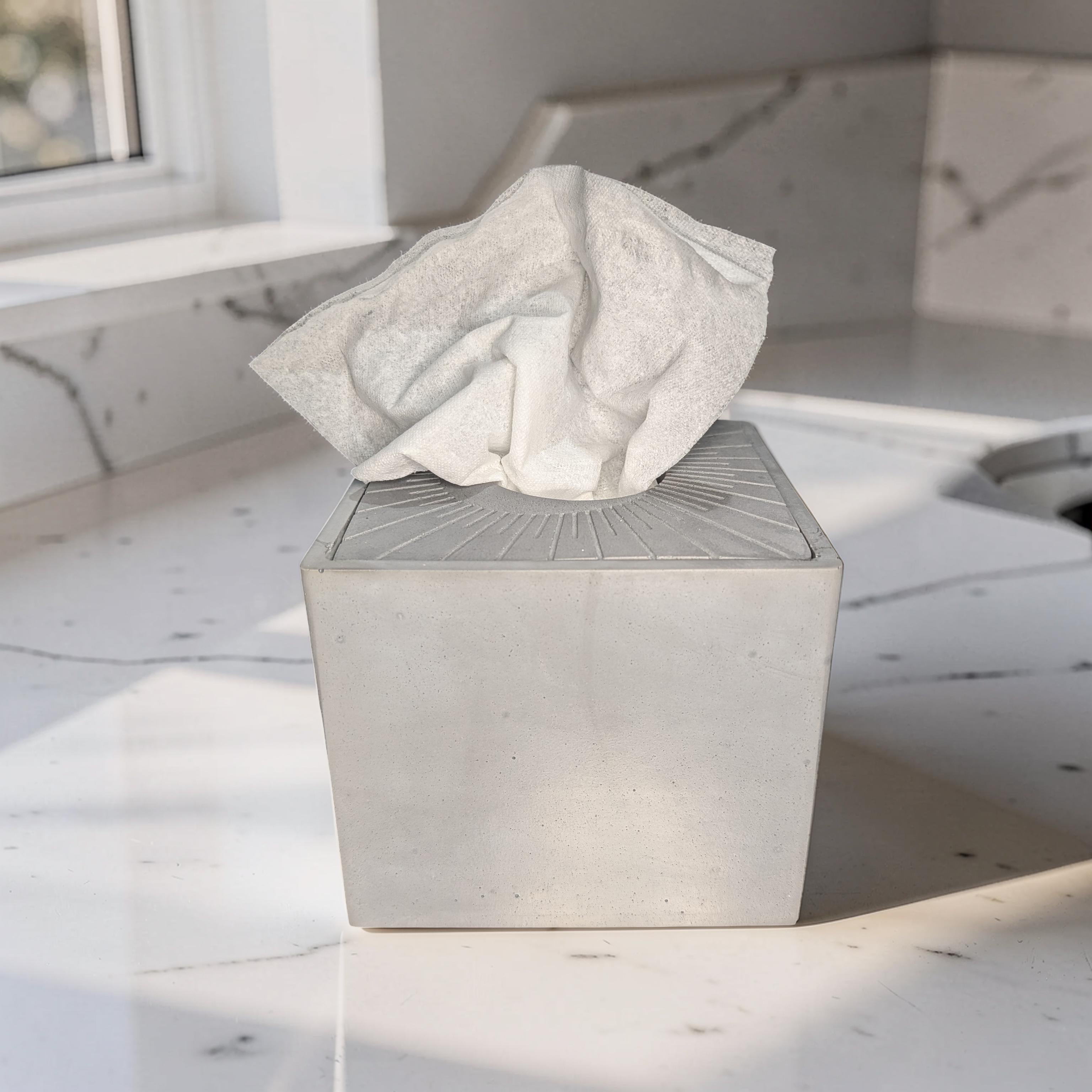 Modern Concrete Tissue Holder, Minimalist Square Sunburst Tissue Box with Lid, Industrial Bathroom Decor, Handcrafted Gray Concrete Container