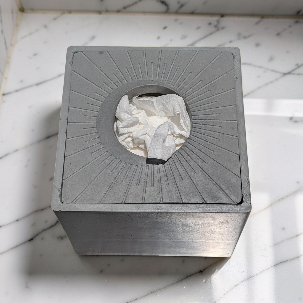 Modern Concrete Tissue Holder, Minimalist Square Sunburst Tissue Box with Lid, Industrial Bathroom Decor, Handcrafted Gray Concrete Container