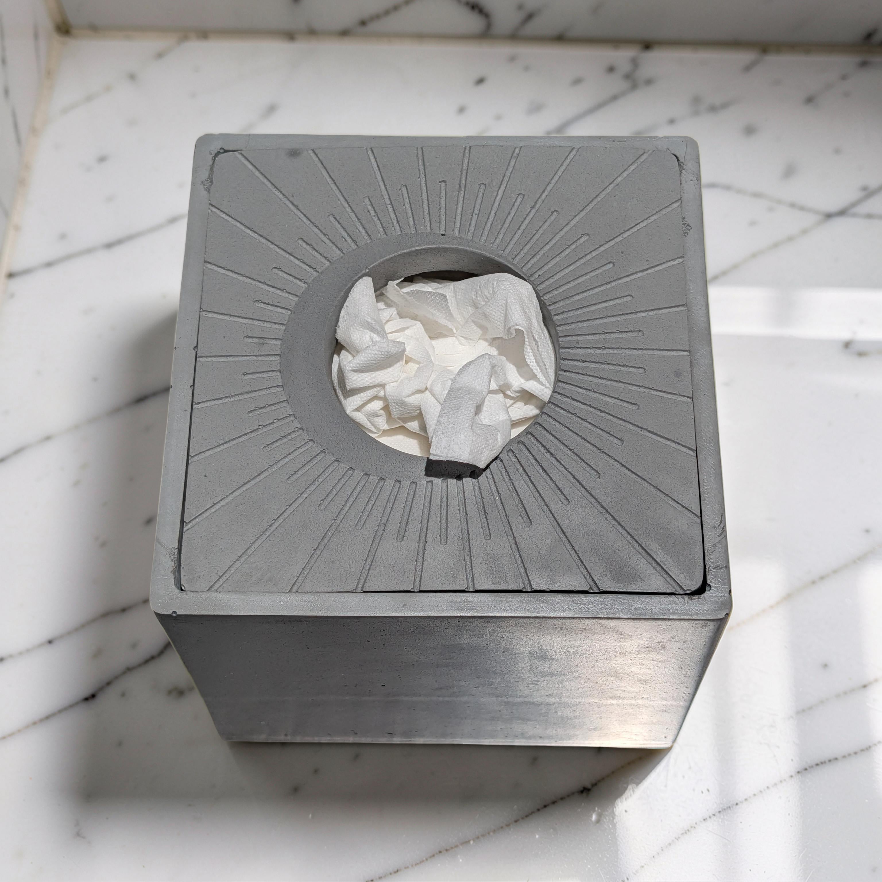 Modern Concrete Tissue Holder, Minimalist Square Sunburst Tissue Box with Lid, Industrial Bathroom Decor, Handcrafted Gray Concrete Container