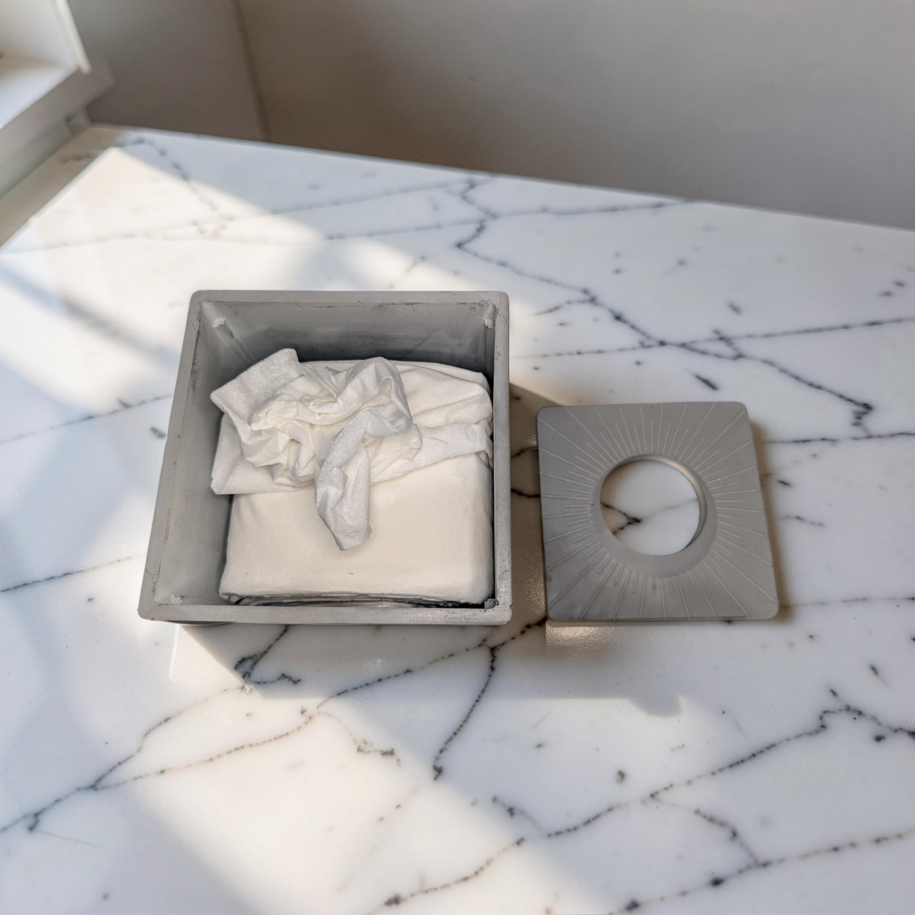 Modern Concrete Tissue Holder, Minimalist Square Sunburst Tissue Box with Lid, Industrial Bathroom Decor, Handcrafted Gray Concrete Container