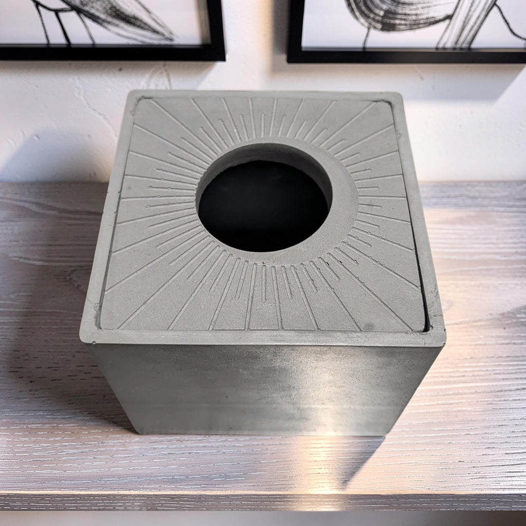 Modern Concrete Tissue Holder, Minimalist Square Sunburst Tissue Box with Lid, Industrial Bathroom Decor, Handcrafted Gray Concrete Container