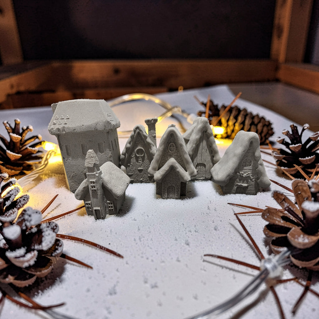 Mini Concrete Christmas Village, Set of 6 Miniature Houses, Natural Concrete Paintable DIY Kit, Silver Village Decor, Mantel Holiday Display