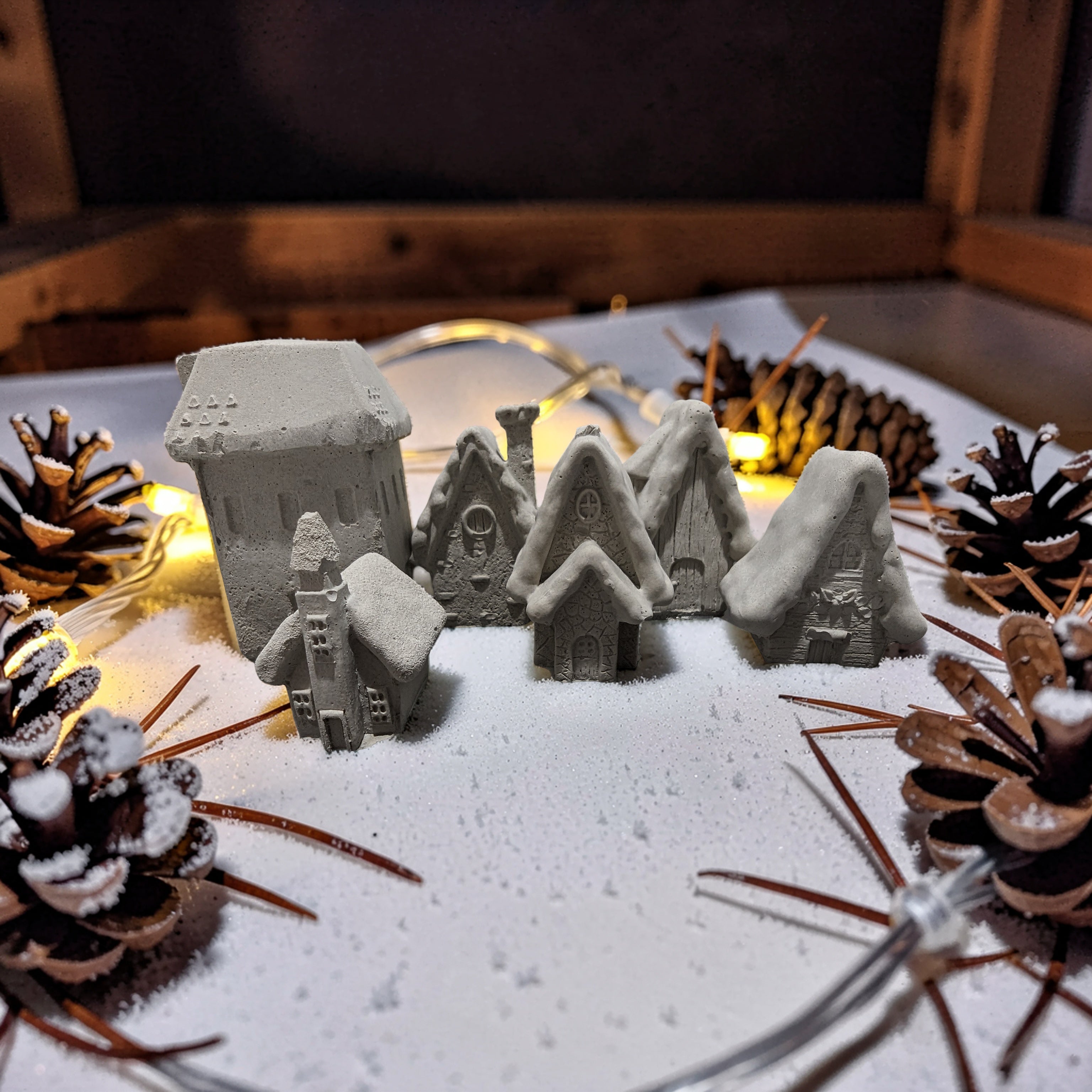 Mini Concrete Christmas Village, Set of 6 Miniature Houses, Natural Concrete Paintable DIY Kit, Silver Village Decor, Mantel Holiday Display